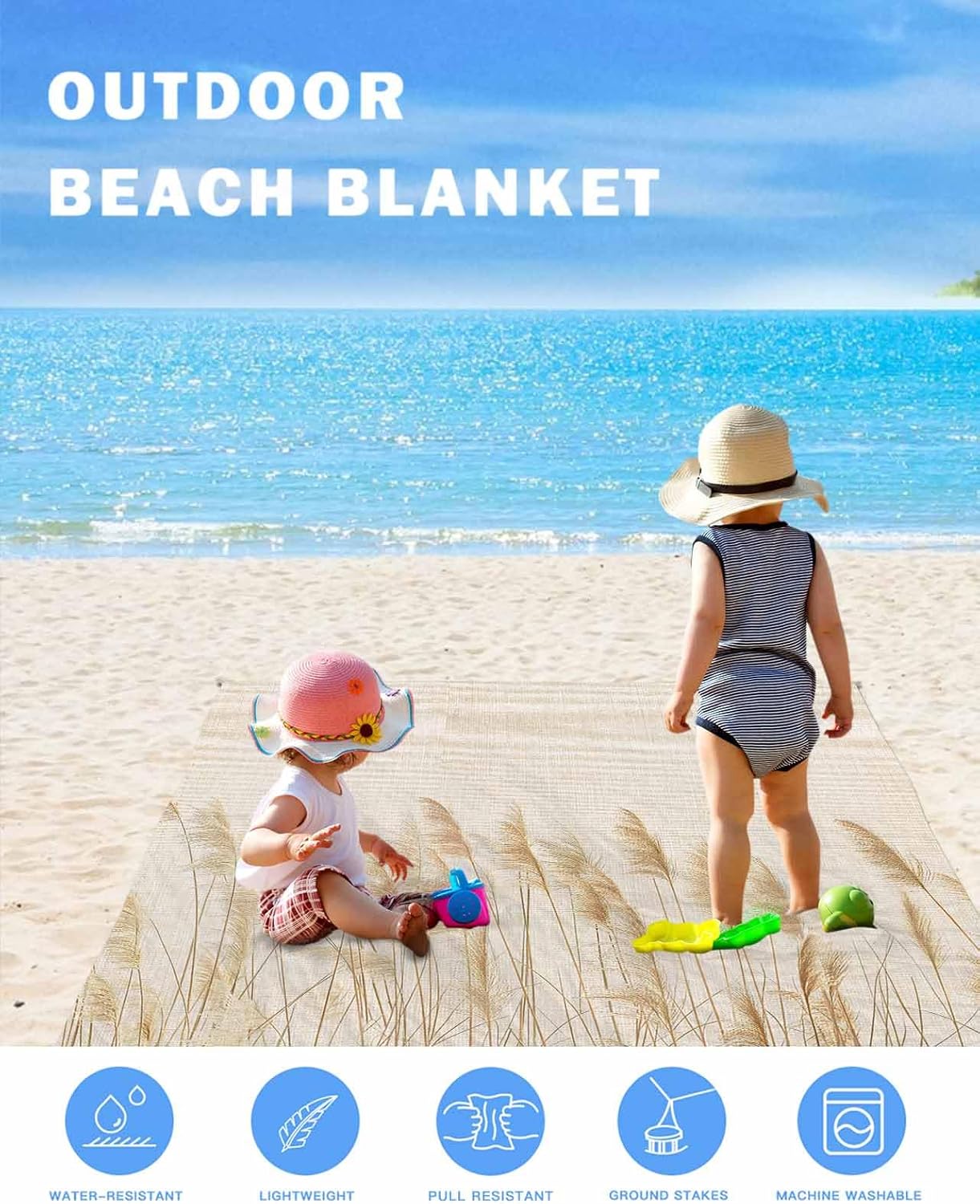 Retro Fall Reed Plant on Linen Flax Beach Blanket Waterproof Sandproof Outdoor Picnic Mat 118"x108" Minimalist Bulrush Sketch Art Lightweight Large Beach Blankets with 4 Stake & 4 Corner Pockets