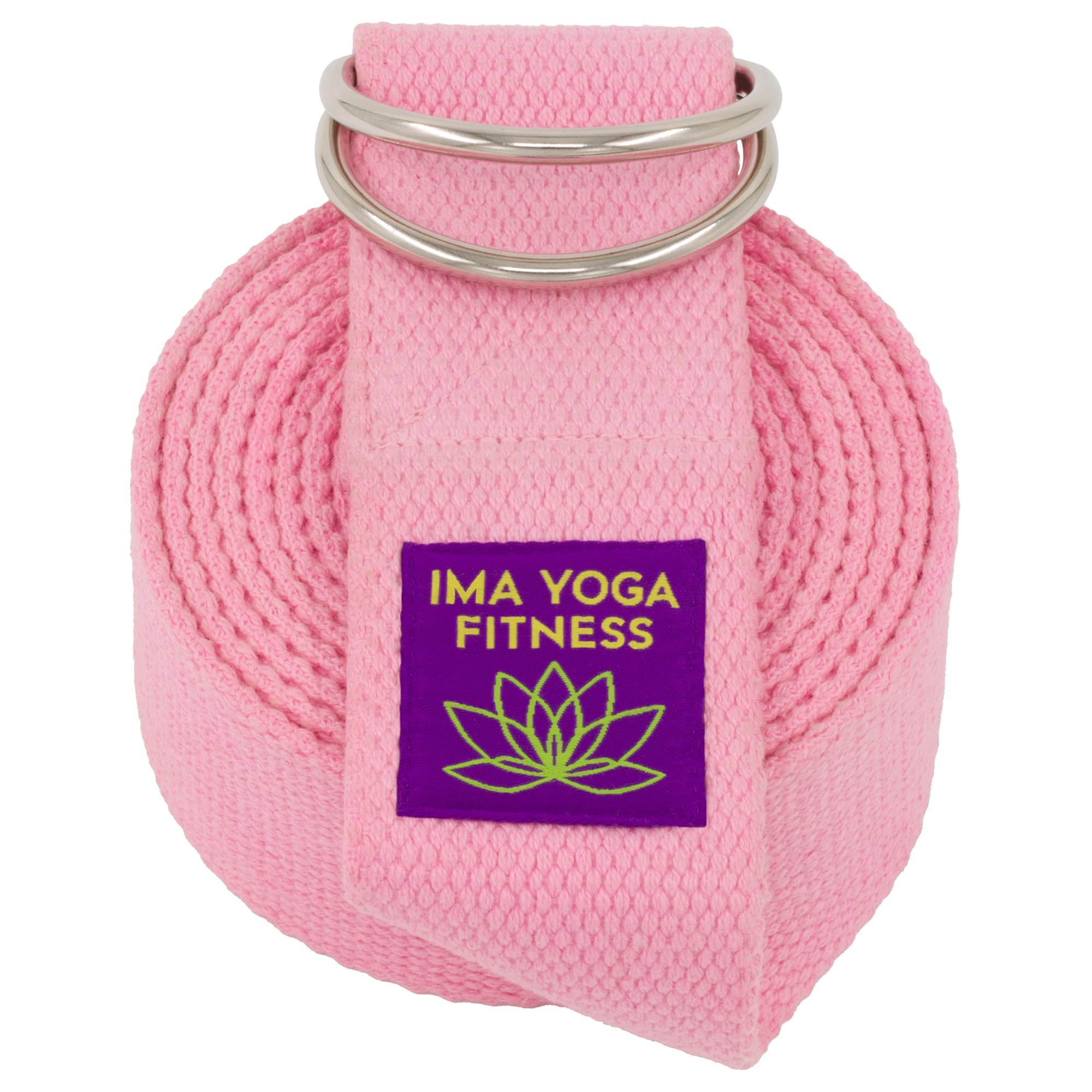 Ima Yoga Fitness - Adaptive Yoga Strap, Yoga Stretching Strap, Extra-Wide 2 Inches, 100% Naturally Soft Cotton, Steel D-Rings, Includes 100% Natural Cotton Storage Pouch (Pink, 8 feet)