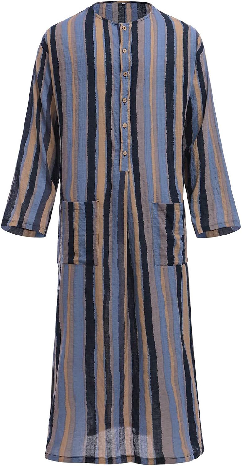 ODIZLI Mens Muslim Thobe,Men's Kaftan Robe V Neck Roll Up Long Sleeve Cotton Stripe Ultra Long Gown Thobe Shirts