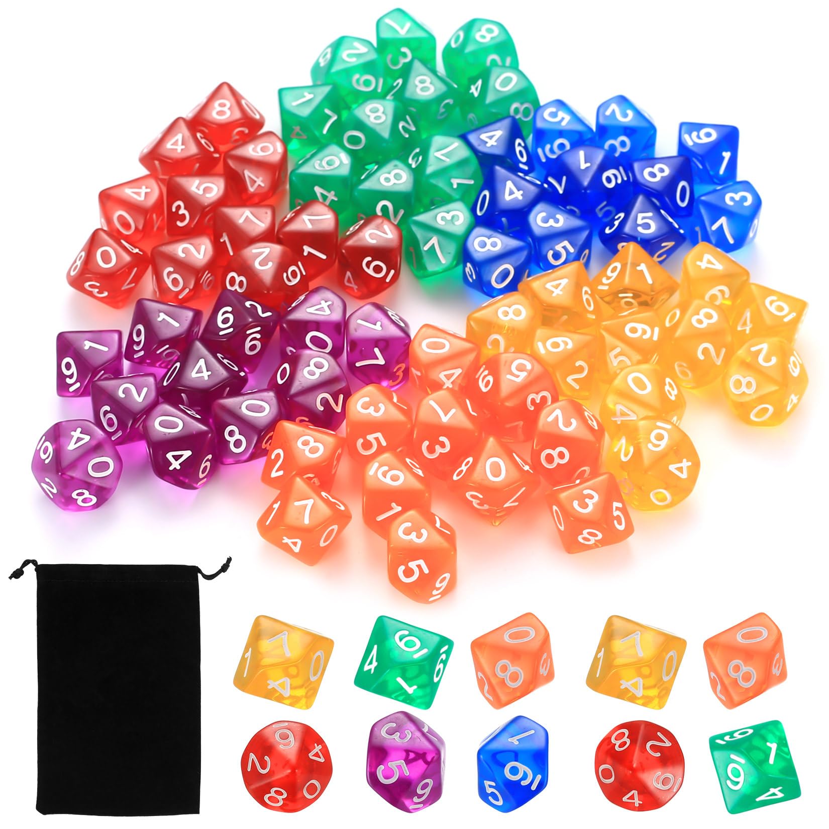 72 Pcs for DND Dice Set, Polyhedral Dice, 10 Sided Dices, D10 Gaming Dices Set, for DND MTG RPG Role Playing Table Games, with 1 Black Storage Bag