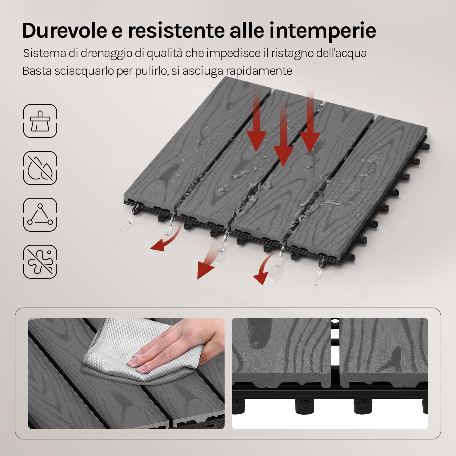WOLTU 22 x Pavimentazione Esterna WPC ad Incastro 30x30cm,Grigio | Piastrelle ad Incastro, Per Balcone/Giardino/Terrazza, in WPC, Legno Composito, 22 Pannelli / 2 m², Grigio