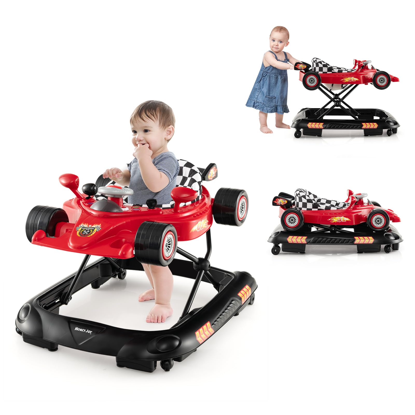 HONEY JOY Baby Walker, 4-in-1 Foldable Infant Activity Push Walker, Toddler Car Walker w/Adjustable Heights, Music, Lights, Removable Tray, Baby