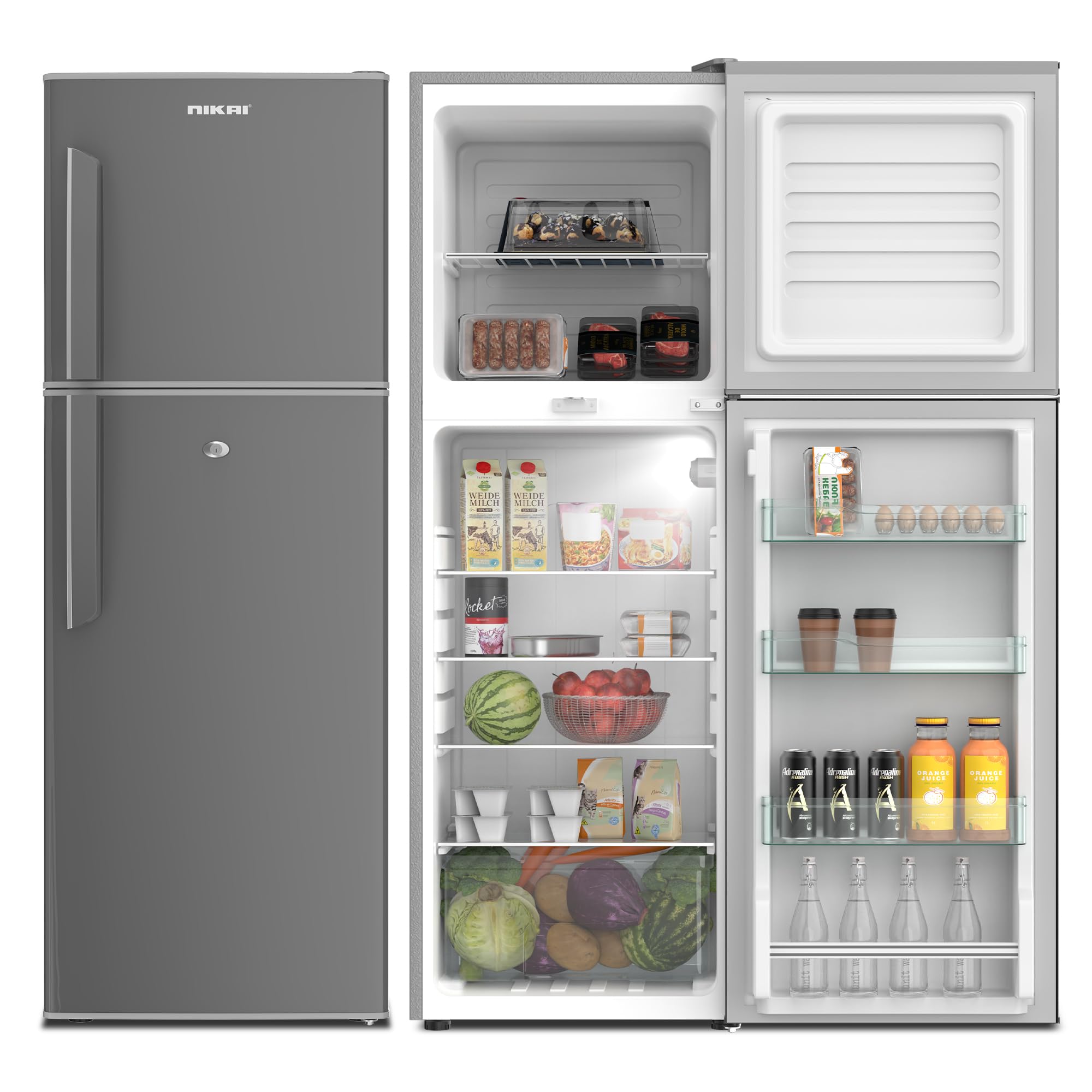 Nikai 275L Gross/190L Net, Top Mount Double Door Refrigerator, with Vegetable Crisper & Adjustable Glass Shelves, Defrosting & Temperature Control, For Kitchen, Bedroom, Office & Hotels - NRF275DN3S
