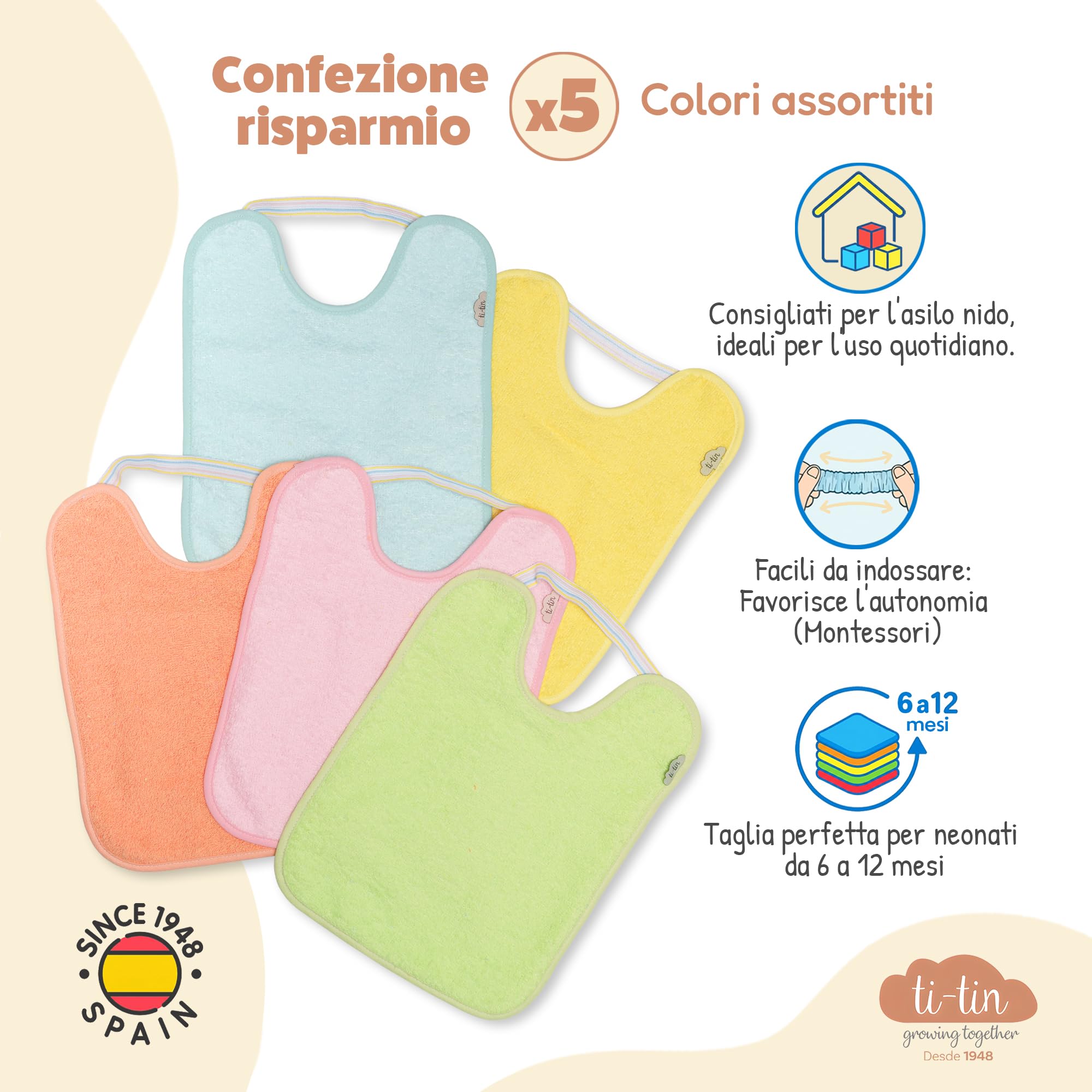 Bavaglini Impermeabili con Elastico per Asilo 5 Pezzi Spugna di Cotone Ultra Assorbente OEKO-TEX 6-12 Mesi
