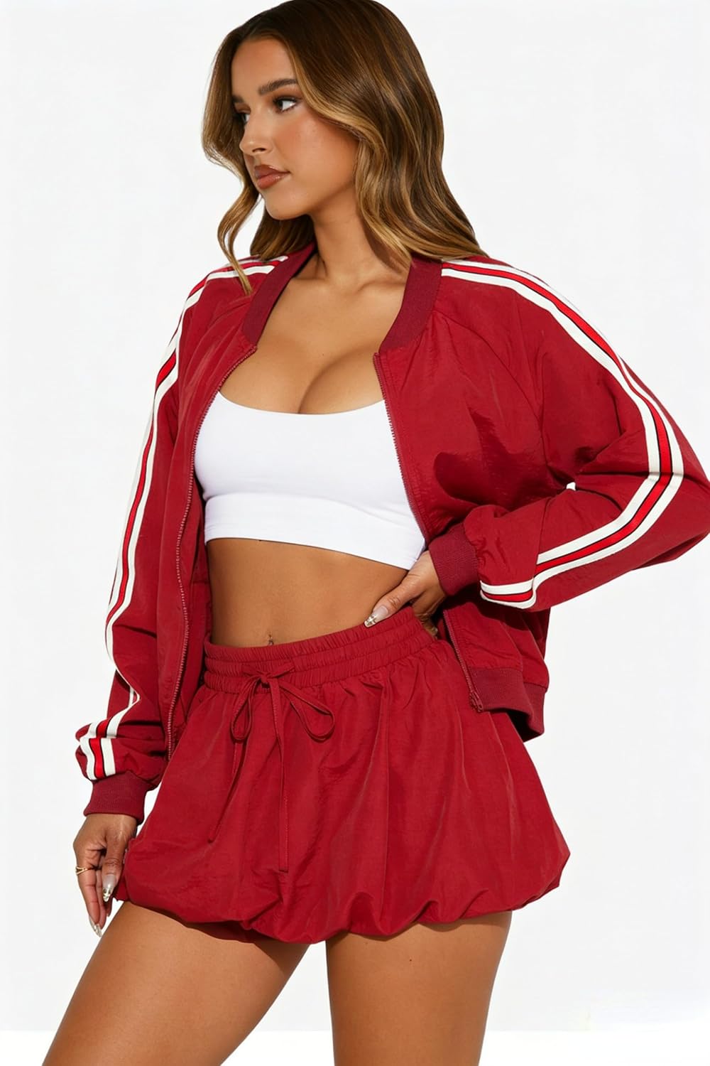Women's 2 Piece Sets Causal Zipper Workout Jacket and Drawstring Bubble Skirt Skort Athletic Sweatsuits Outfits Sets - Image 4