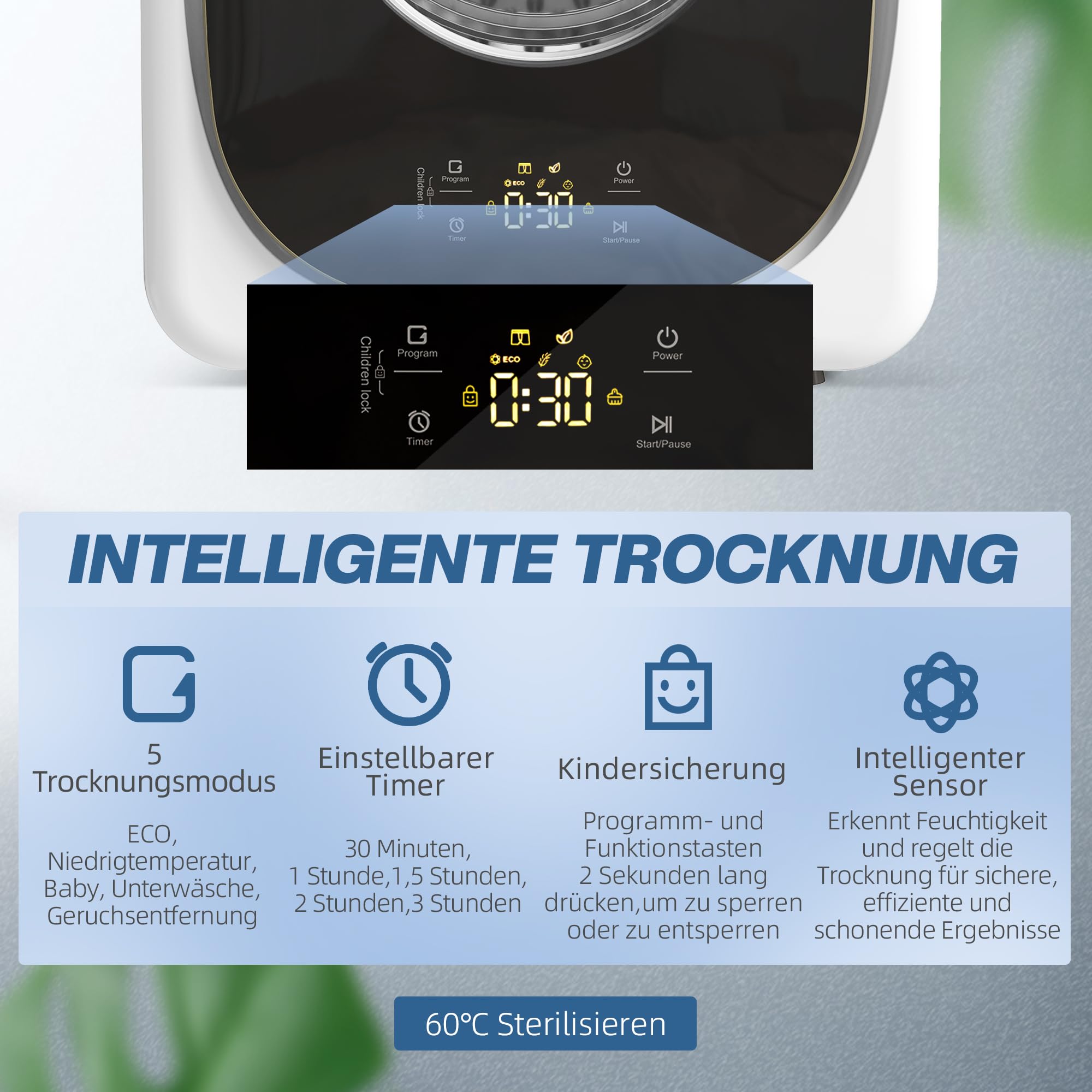 HOMCOM Mini Wäschetrockner mit 5 Programm 800 W 4 kg bis zu 60℃, Freistehend Wandmontierbar Ablufttrockner mit Smart-Sensor, Timer und Touch-Anzeige Trockner für Kleidung Weiß