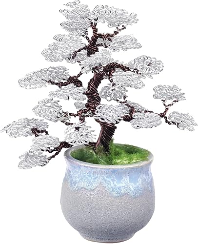 rockcloud Escultura de árbol de dinero de alambre de aluminio con base de cerámica, bonsái de Feng Shui, decoración de oficina en casa para suerte y