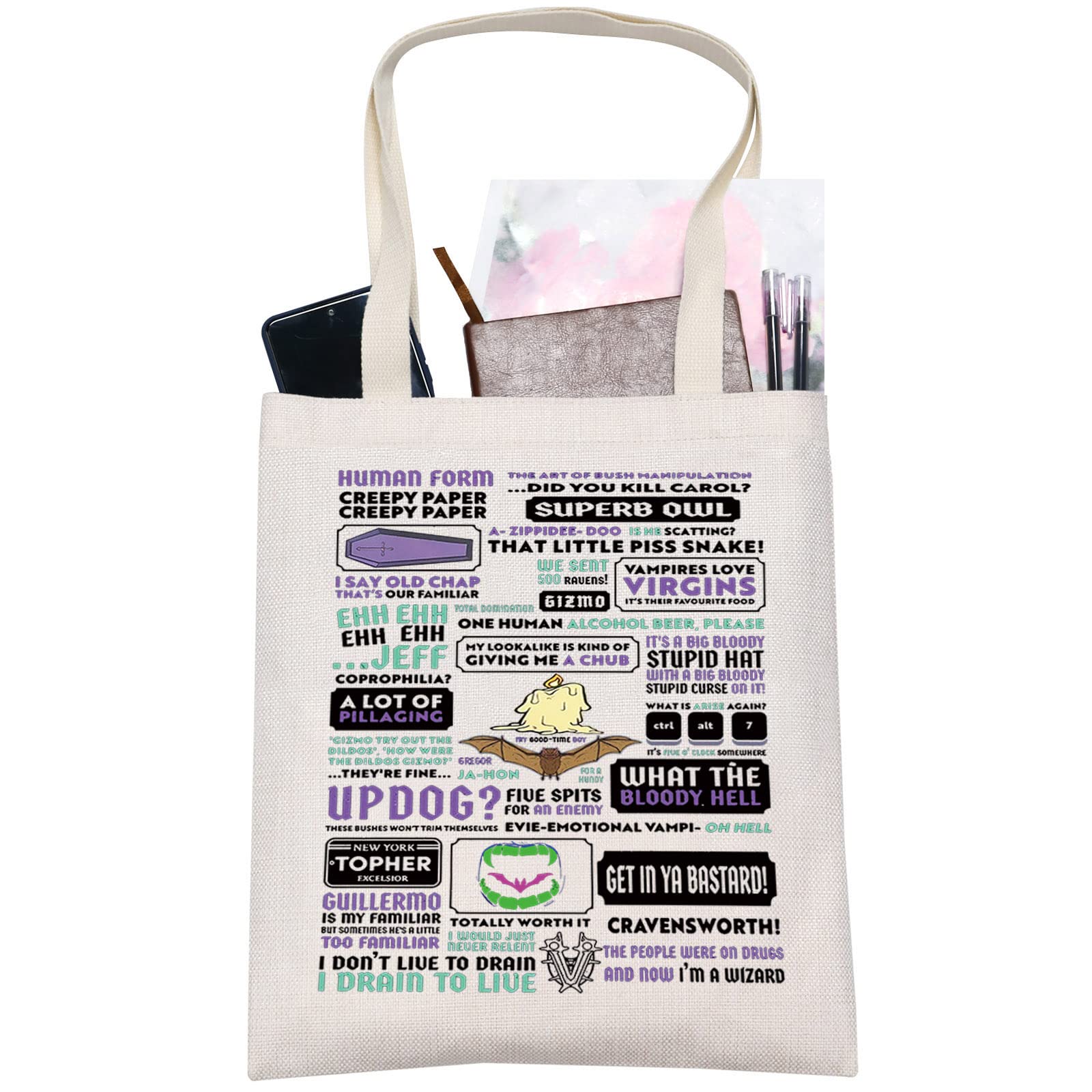 LEVLO WWD Shadows Quote Canvas Tote Bag Fahim Fazli And Emily Fans Gift TV Show Vampire Theme Shoulder Bag For Family Friend, Wwd Tote