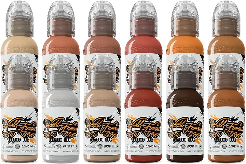 WORLD FAMOUS TATTOO INK Kit de Tintas para Tatuagem em Tons de Pele com Branco, 12 Cores, 12 Frascos de 30 mL cada