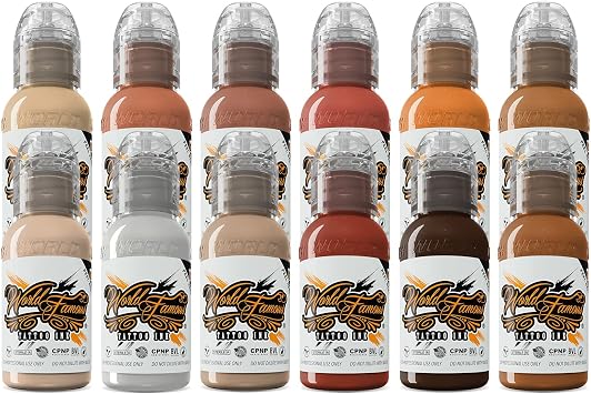 World Famous Tattoo Ink - Skin Tone Color Tattoo Kit - Professional Tattoo Ink in Color Assortment, Includes White Tattoo Ink - Skin-Safe Permanent Tattooing - Vegan & Non-Toxic 1 oz Each