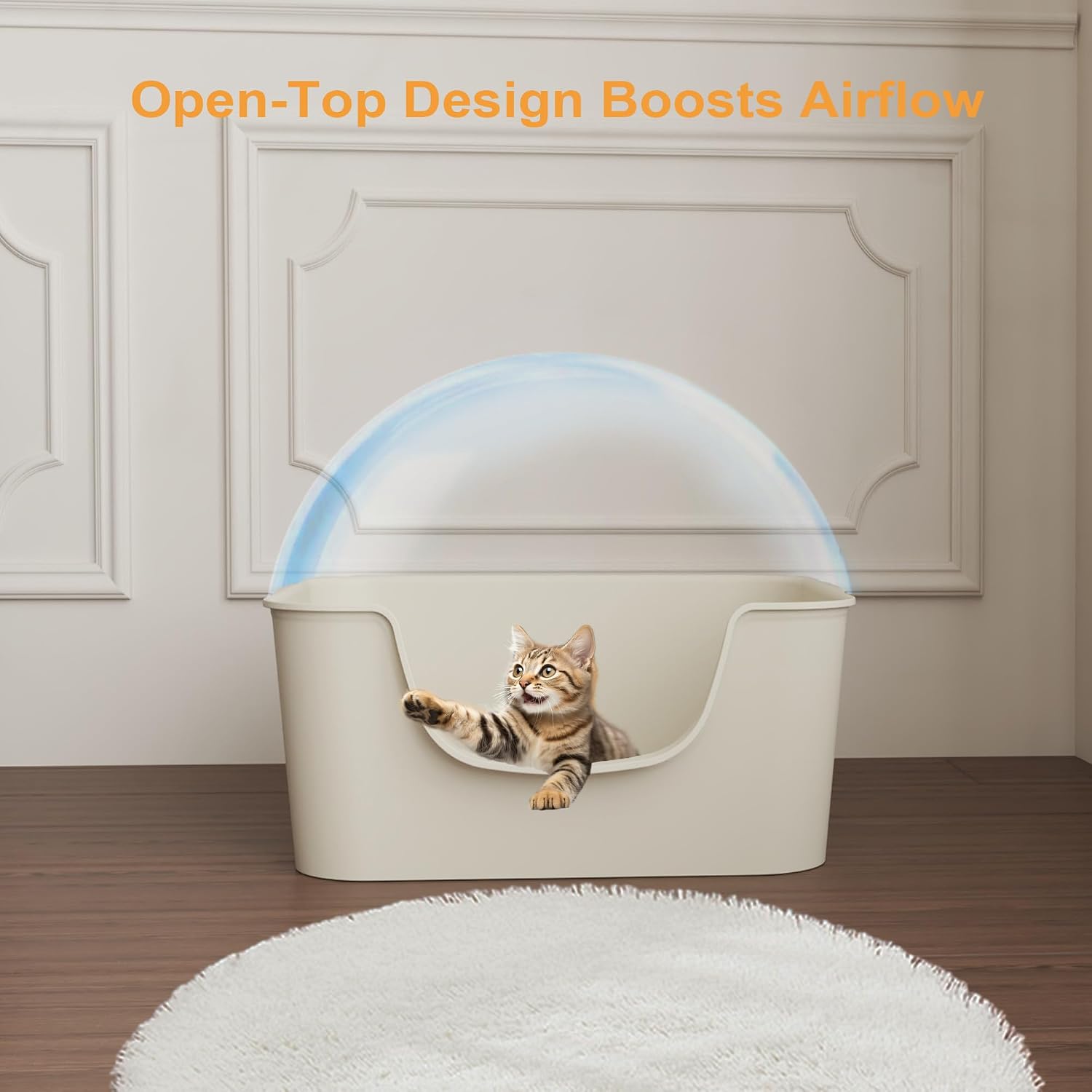 Low Entry Cat Litter Box with High Sides - Open-Top Anti-Splash, Durable Easy-Clean Pan for Kittens, Munchkin Cats, Senior Medium-Sized Cats & Small Pets (Rabbits), 19.3”x13.3”x7.8” Beige