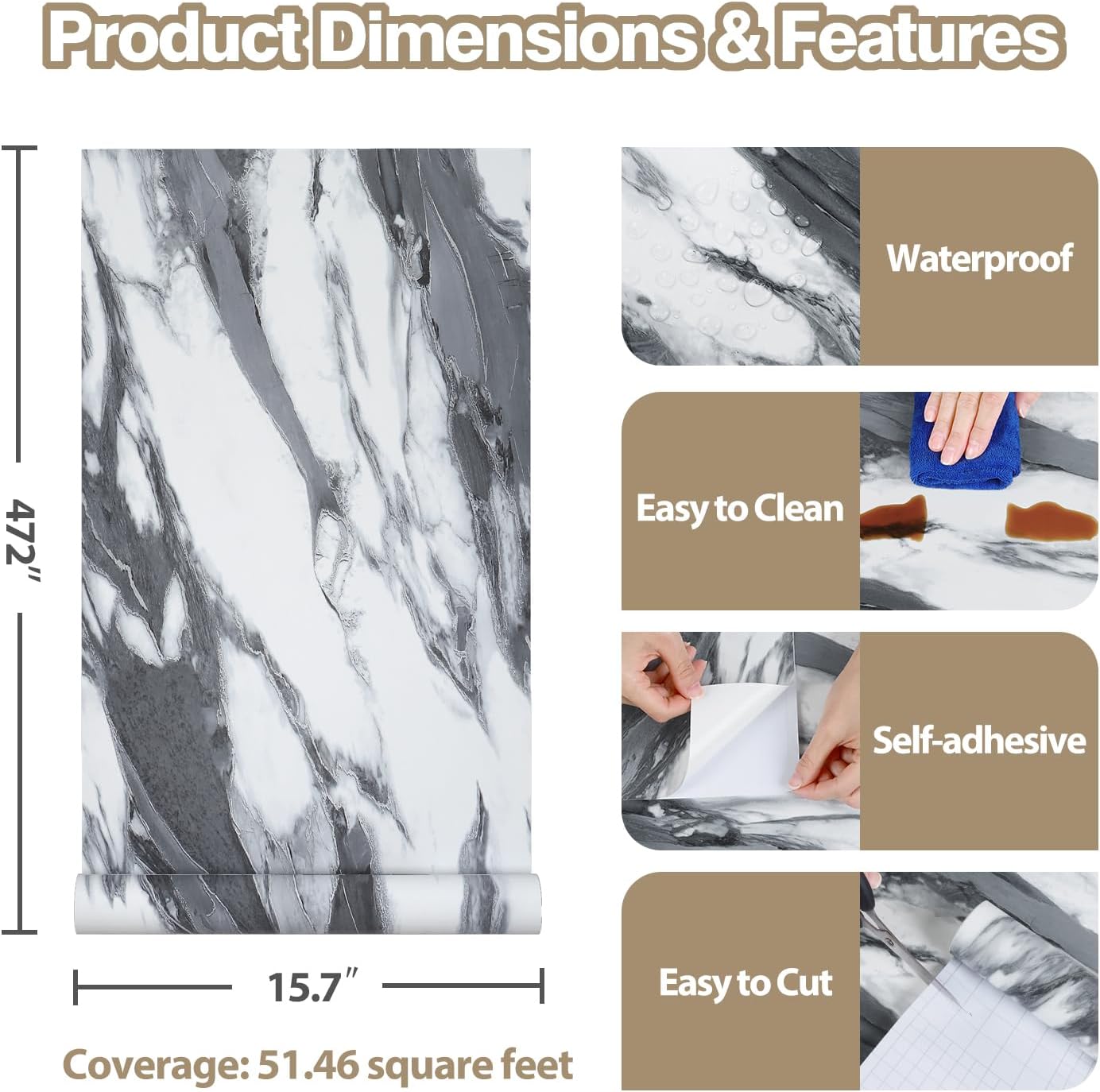 Silver Black and White Marble Contact Paper Peel and Stick Liquid Marble Wallpaper Waterproof Kitchen Vinyl Wrap 15.7"x472" Black White Wallpaper Matte Granite Contact Paper for Countertops
