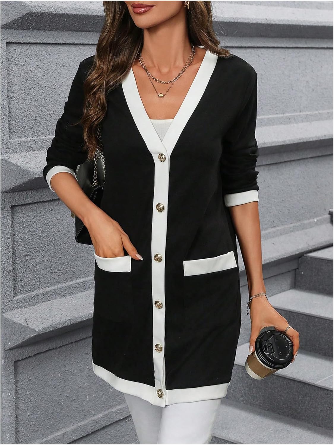 SOLY HUX Women's Color Block Cardigan V Neck Button Down Long Sleeve Jacket Outerwear with Pockets - Image 5
