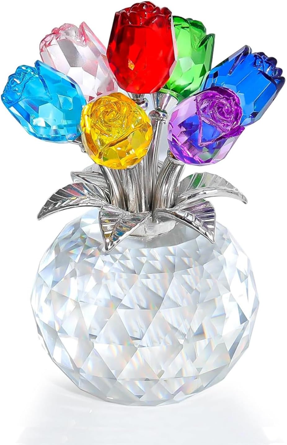 Colorful Rose Flower Crystal Figurines with Vase, Bouquet Flowers Ornament Gifts for Valentine's Day, Mother's Day, Christmas, Birthday, Anniversary, Collectible Ornament Desk Home Decor