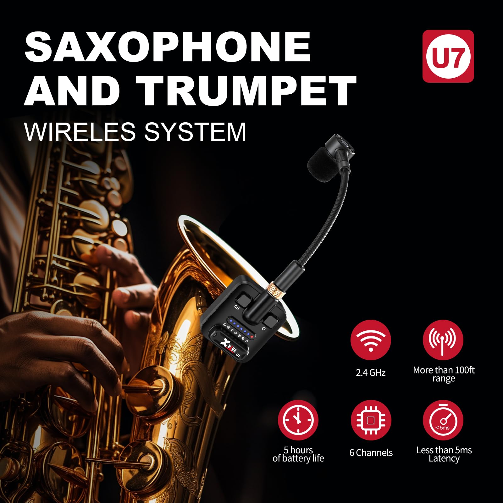Xvive U7 Saxophone and Trumpet Wireless System with 2.4GHz Transmitter and Receiver