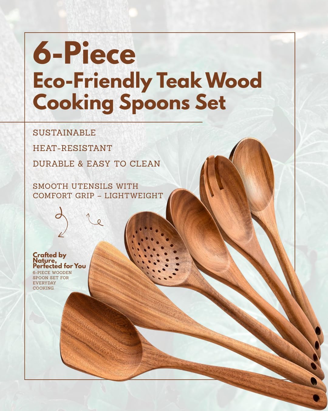 6-Piece Teak Wood Cooking Utensils Set – Wooden Spoons & Spatulas for Non-Stick Cookware – Eco-Friendly, Durable & Heat-Resistant Kitchen Utensils for Cooking & Serving