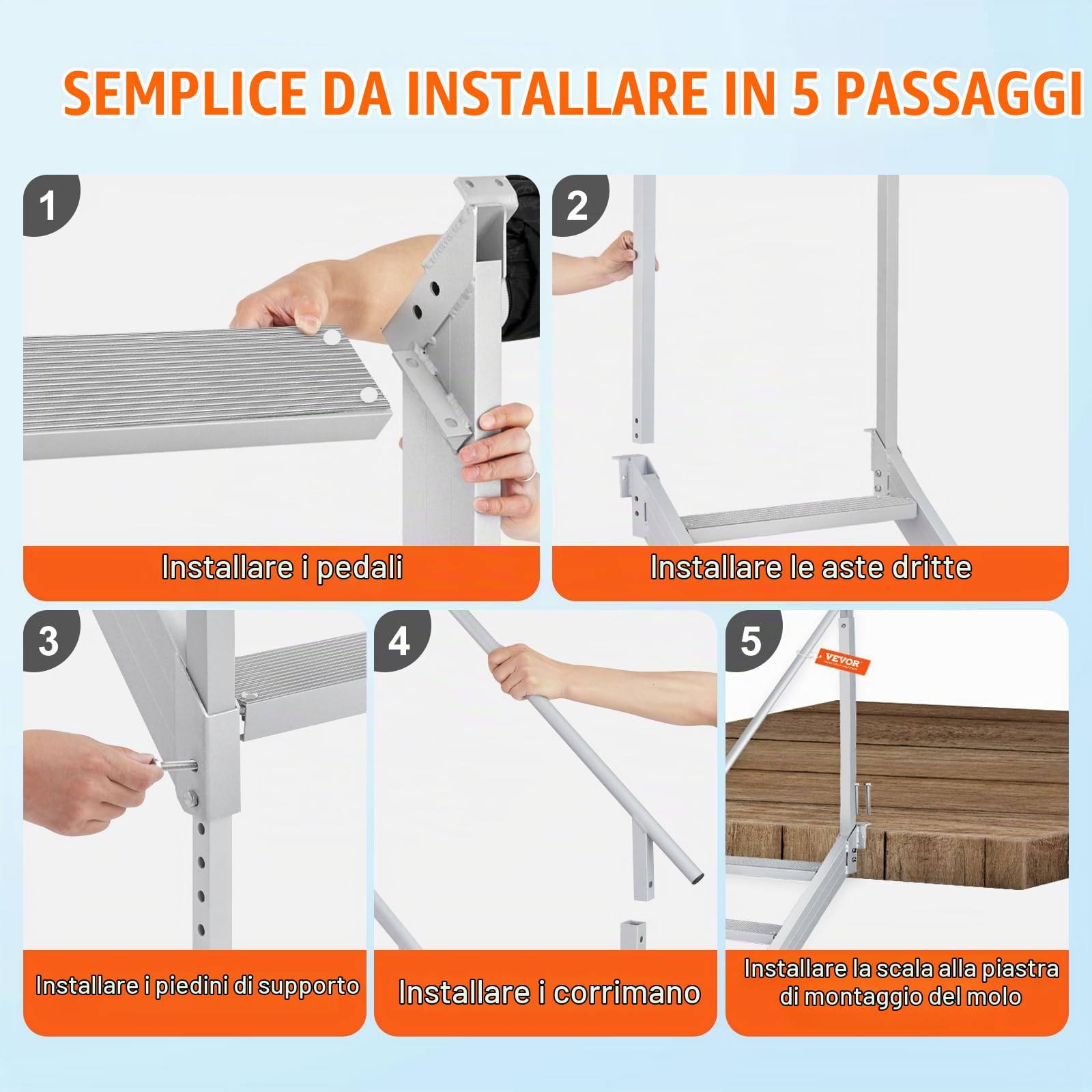 VEVOR Scaletta per Pontile Altezza Regolabile 75-96 cm, Scaletta per Pontone Barca 4 Gradini Lega di Alluminio Portata Circa 226 kg con Corrimano Scaletta Antiscivolo Scala per Imbarco Barca Piscina