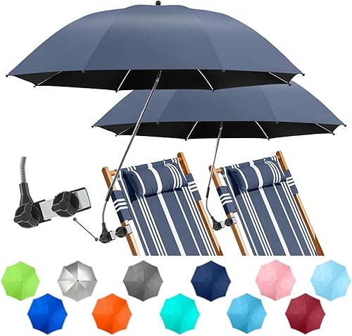 Miniatura 9 de Paquete de 2 paraguas de playa con abrazadera, paraguas ajustable de 360° para silla, paraguas UPF50+ para silla de playa, silla de patio, silla de