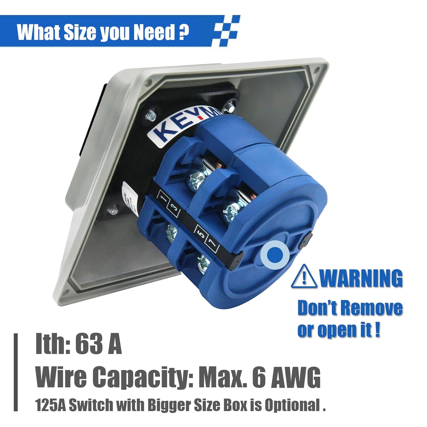 63A Rotary Changeover Switch with Master Switch Exterior Box, 660V 3 Position 2 Phase 8 Terminals Universal Selector Switch SZW26-63/D202.2D IP65
