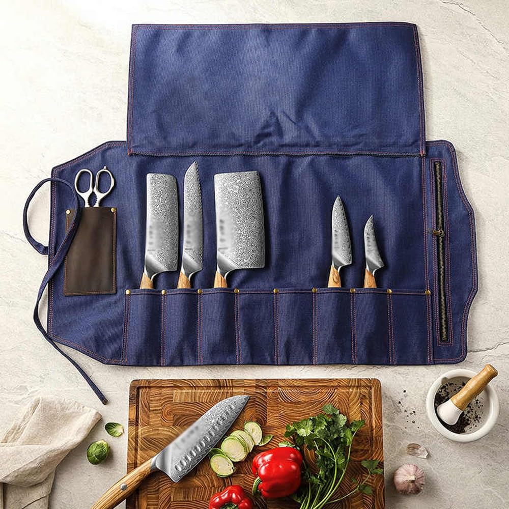 Rollo de cuchillos de lona encerada, 12 ranuras para cuchillos, protectores de cuchillos, bolsa de almacenamiento portátil de lona para camping, trabajo (beige)