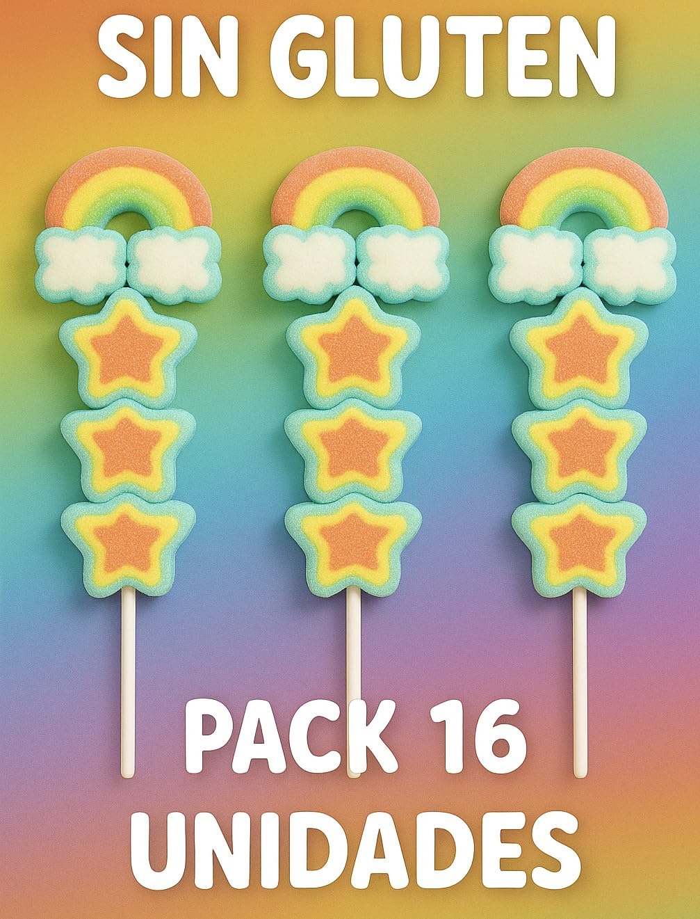 Primera Comunión Pinchos Estrellas con ArcoírisSabor Fresa, Sin Gluten, 16 Piruletas, 720 gr, Chuches para Mi Primera Comunión
