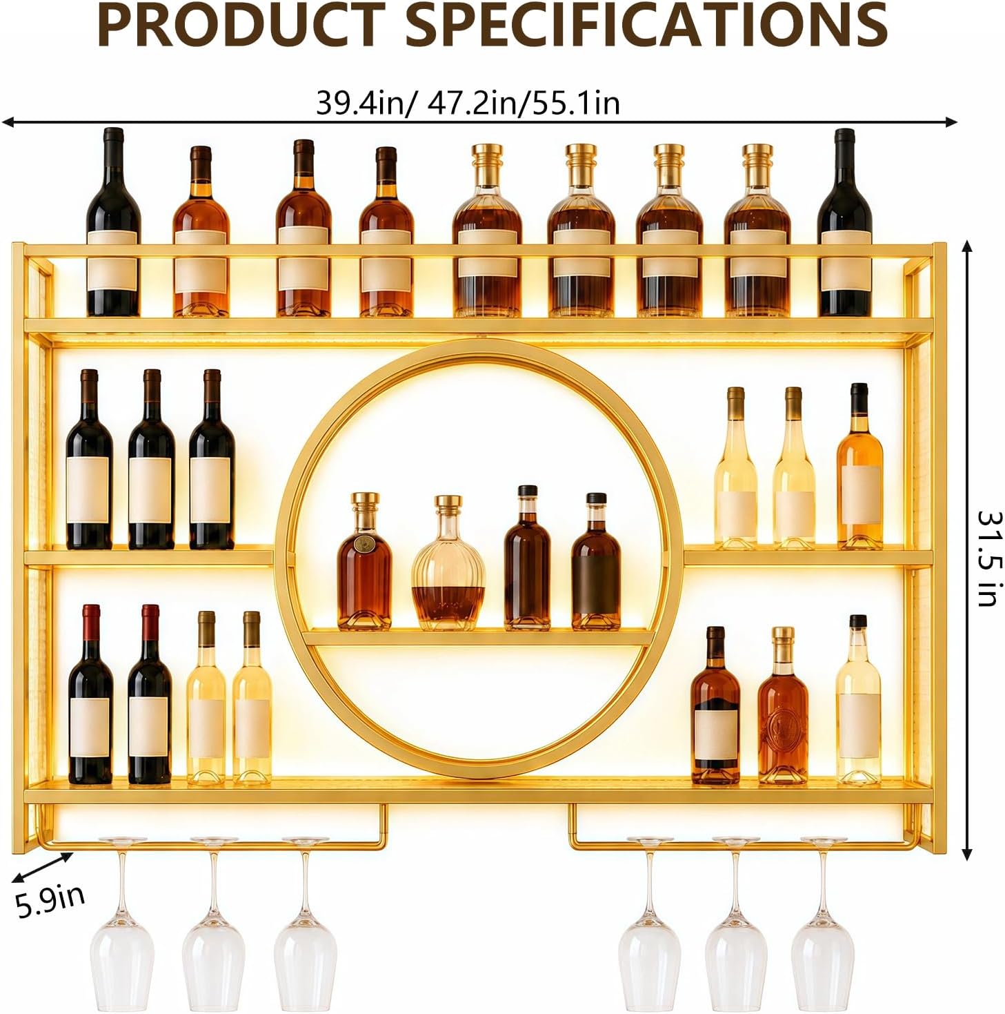 Wine Rack Wall Mounted - with LED Light, Bar Shelves & Glass Holder, Gold