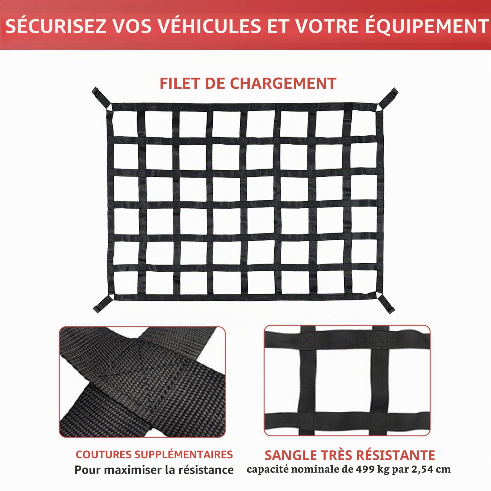 Filet de Rangement Voiture 127 x 106 cm Filet Toit/Ensemble de Clôture Arrière de Camion, Filet de Chargement Réglable, Filet de Levage de Ceinture de Sécurité, Filet de Remorque Lourd