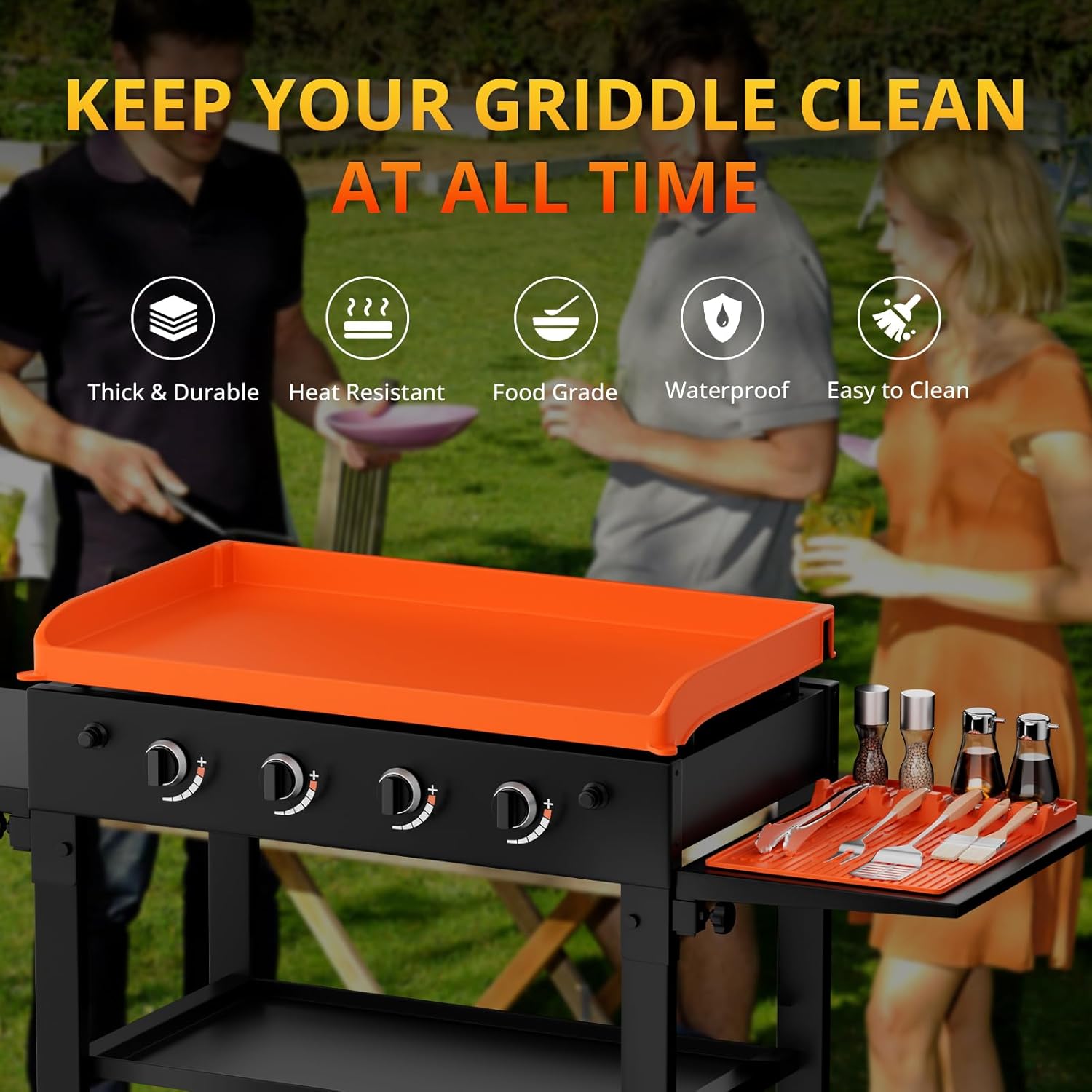 36" Blackstone Silicone Griddle Cover with 16" Silicone Spatula Tools Mat, Full-Edge Premium Food-Grade Grill Protective Cover BBQ Mat with Drip Pad for Blackstone Accessories, Griddle Protector
