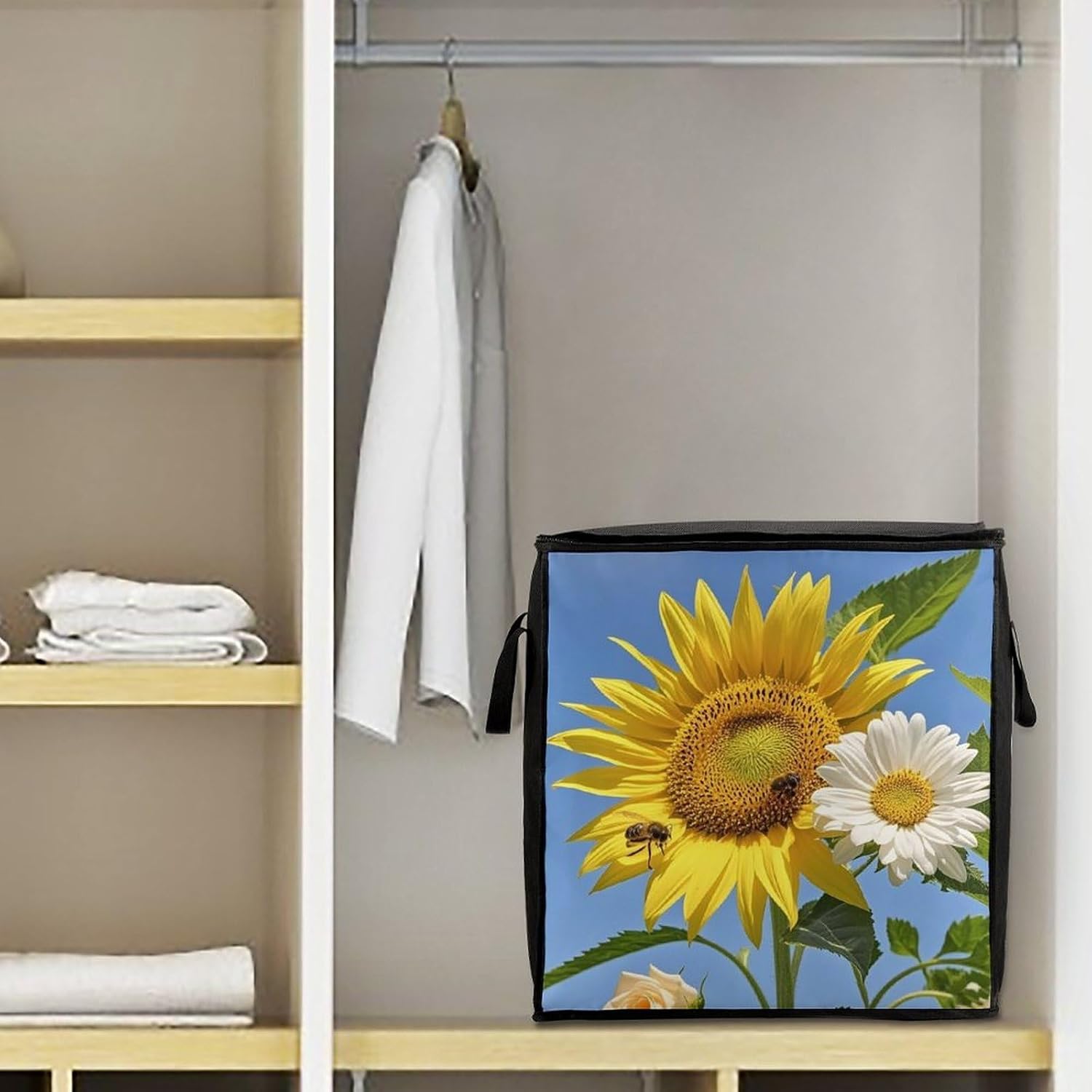 Large Bees Sunflowers Daisy Rose Flowers Storage Bags with Handle Foldable Closet Organizers Clothes Storage Bins Bedding Storage Containers Fabric Moving Bags Blanket Comforter Storage Bag 70L