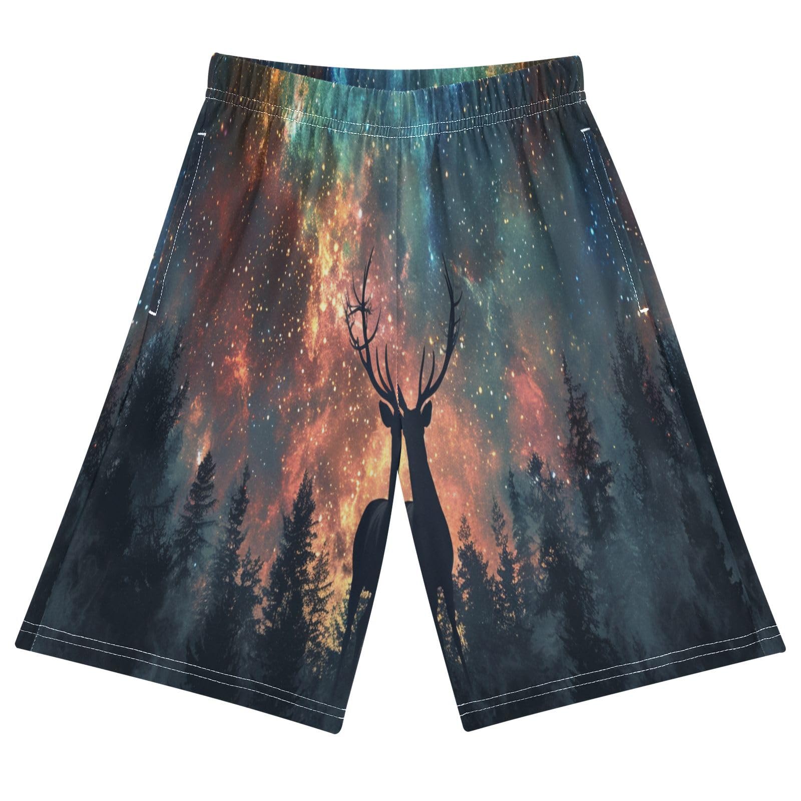 ALAZA Deer Elk on The Night Forest Boys Athletic Shorts Kids with Pockets Shorts for boy Girl Size 6-8 Years Multicolor