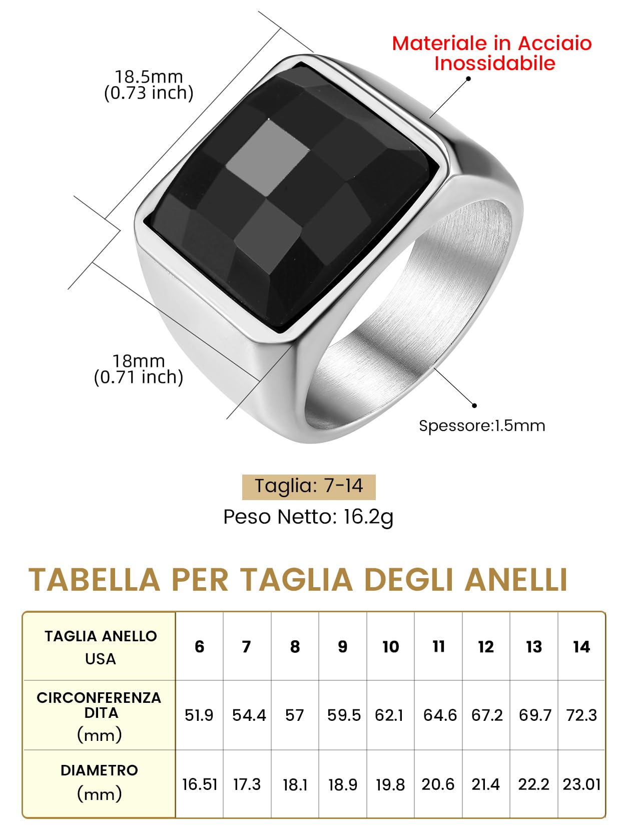 GoldChic Misura 30 Ossidiana 15MM Anello Uomo Argento Pietra Alta Trasparenza Intarsio 3D Tagliato a Diamante Anello Acciaio