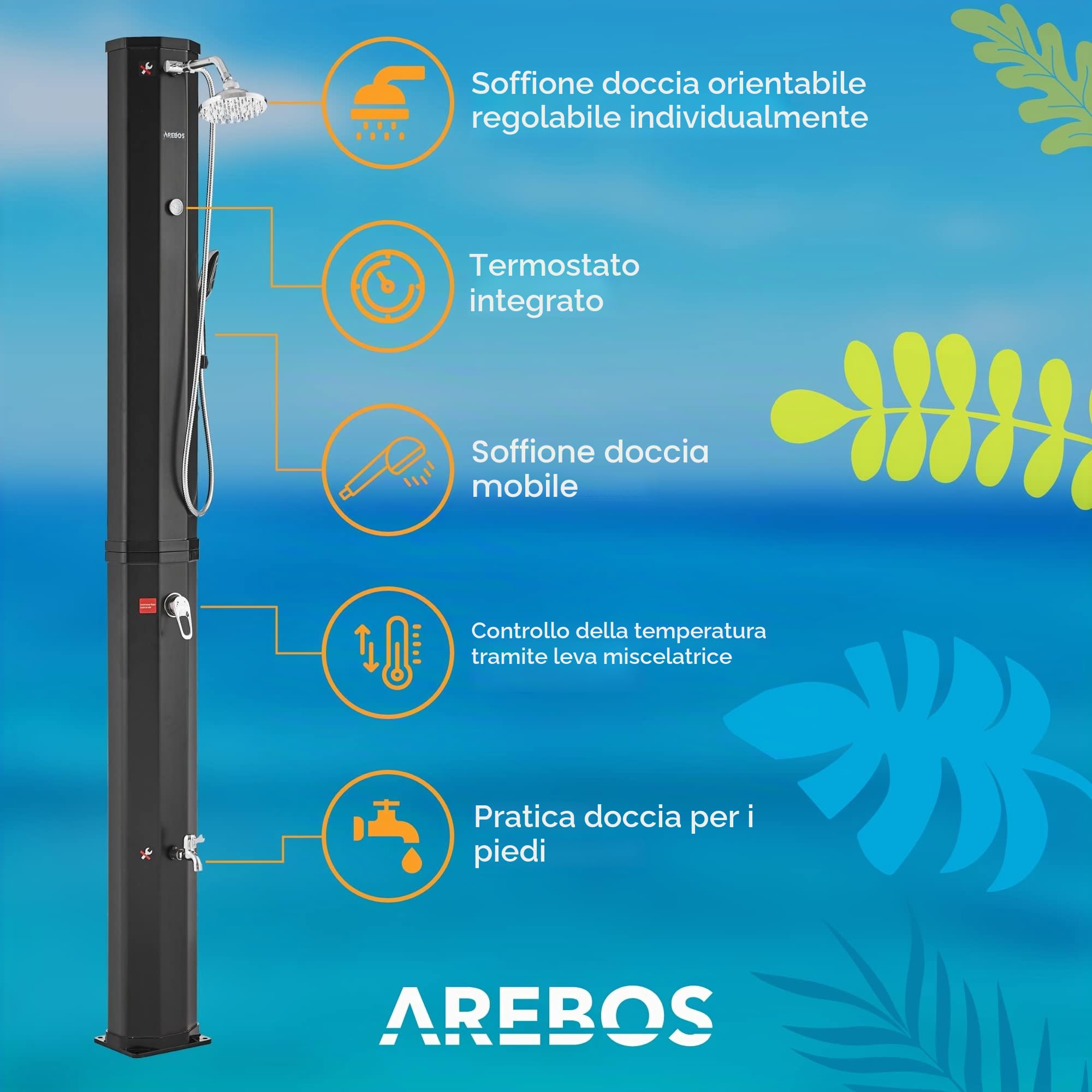 AREBOS Solar Shower 60 L | con doccetta e termometro | Temperatura dell'Acqua Fino a 60°C Doccia da Campeggio per Piscina | Soffione Rotondo | Tecnologia a Scatto | Coperchio Incluso | Nero