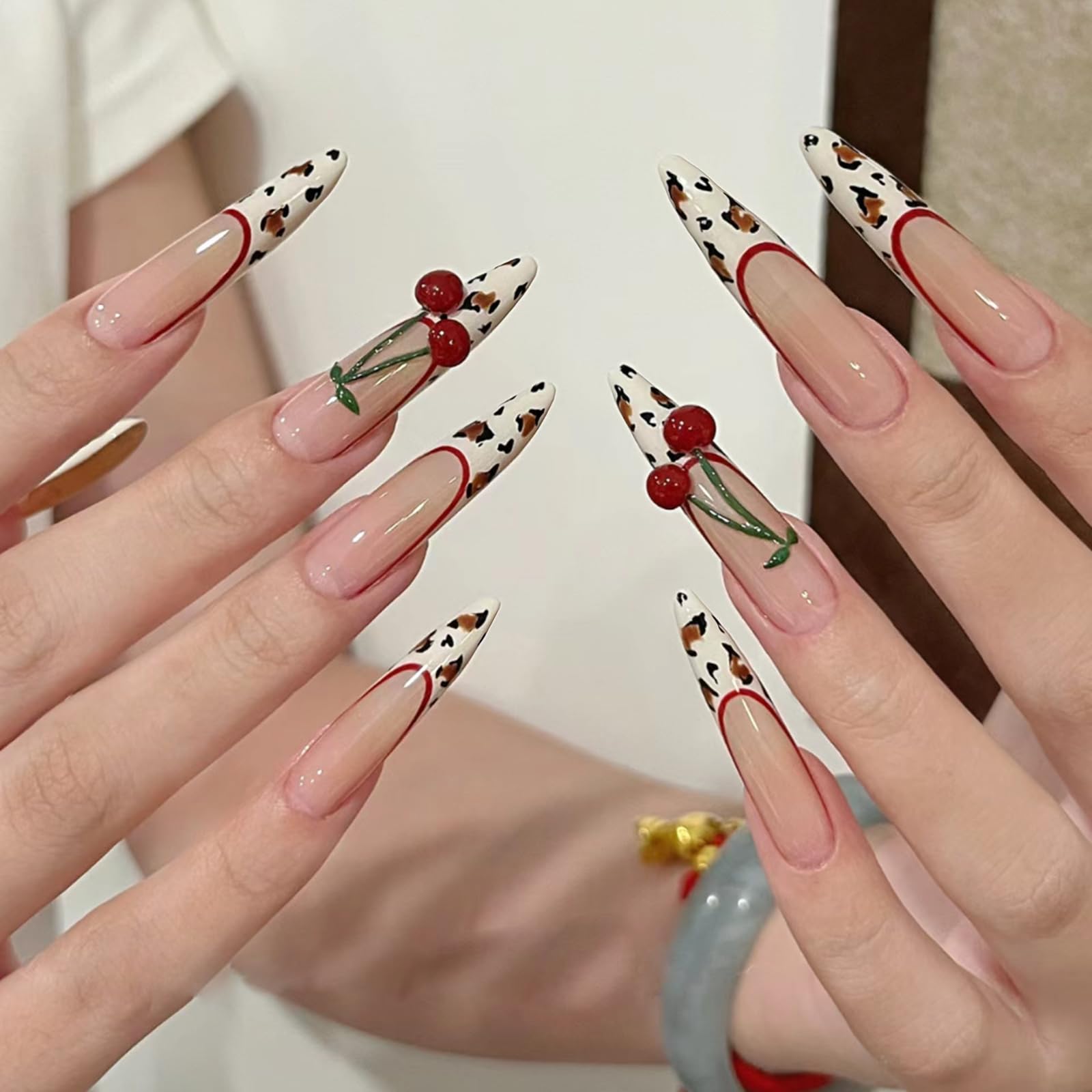 SINHOT Stiletto Press on Nails Long - Leopard Print Fake Nails Glossy Glue on Nails 3D Cute Cherry Acrylic Nail Supplies Almond Artificial Nail Art