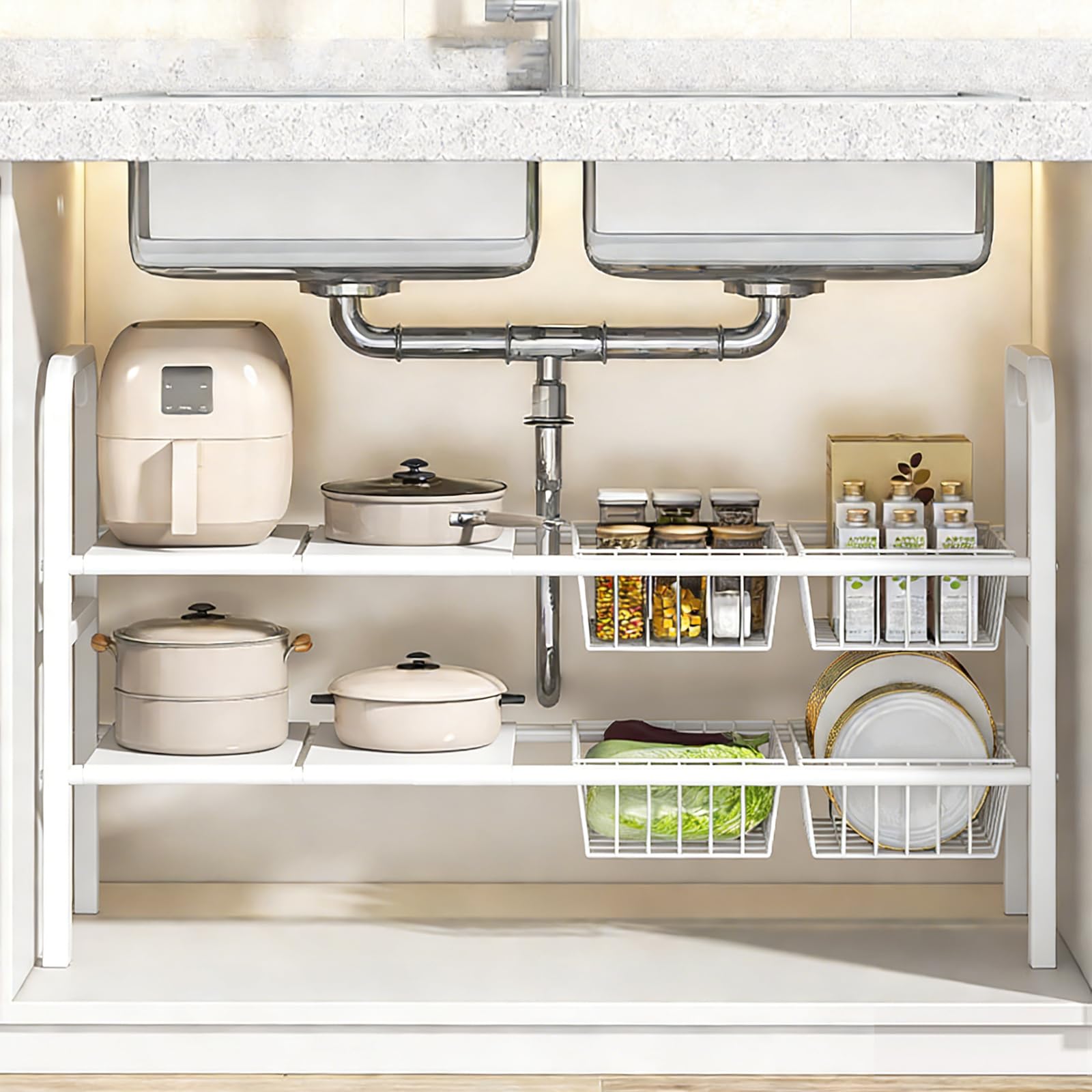 BOYIFEIJIE Spülschrank Organizer 2-stöckig - Höhenverstellbar, Breite Ausziehbar (68-91cm), Mit 4 Herausnehmbaren Körben, Abnehmbaren Seitenwänden, Schrankorganizer für Küche & Badezimmer (Weiß)