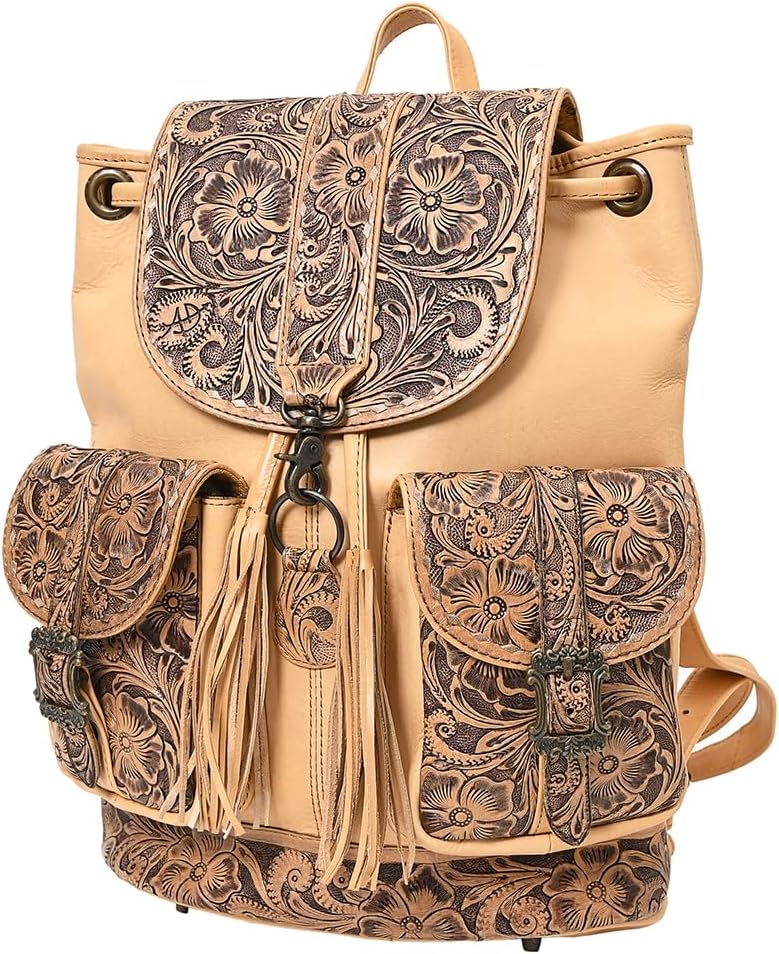 American Darling Western Backpack Handcrafted from Hand Tooled Genuine Leather | Floral Carved Flap & Dual Front Buckle Pockets