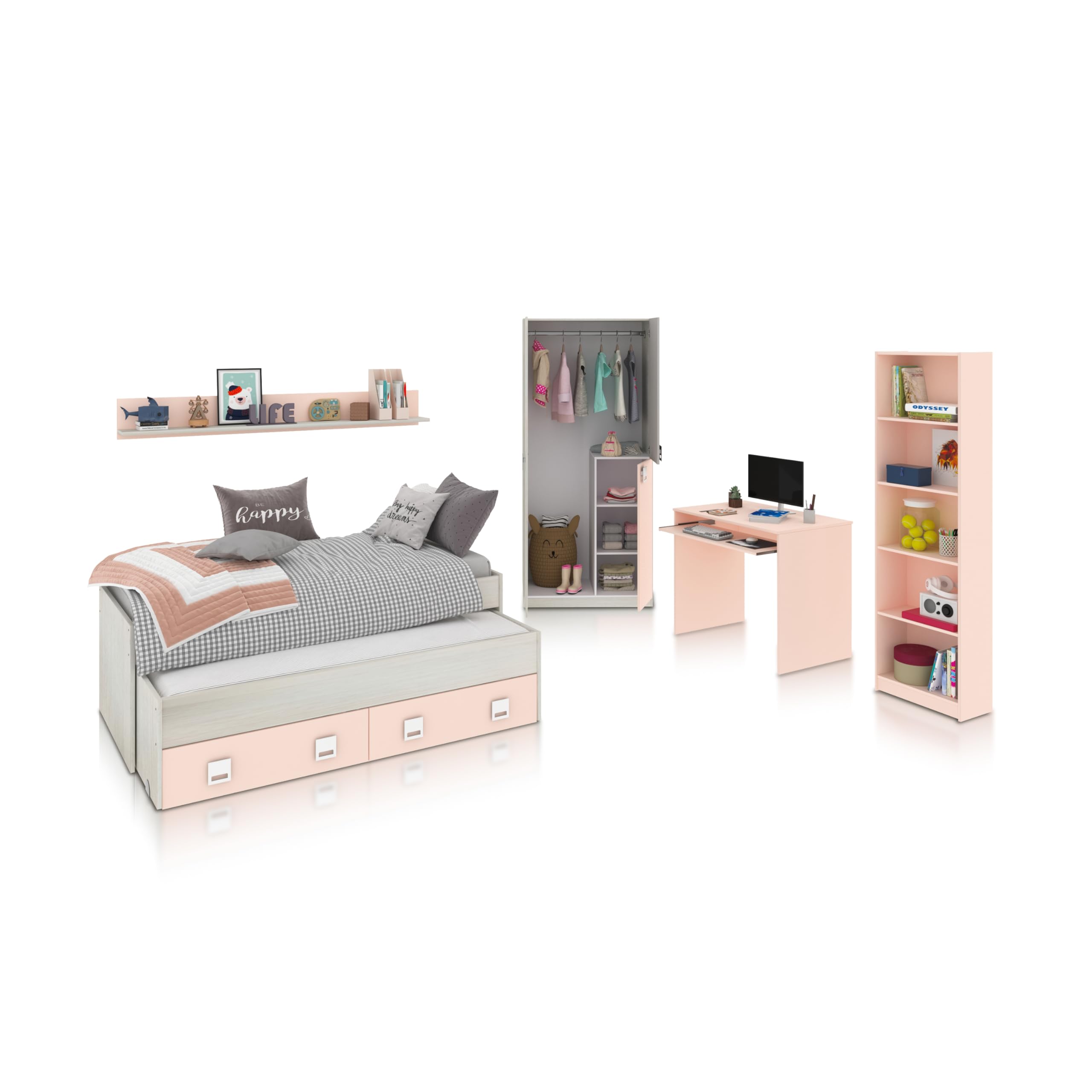 duehome | Pack de Dormitorio Juvenial con Cama Nido Juvenil, Armario, Escritorio y Estantería, Conjunto de Dormitorio Infantil, Modelo Kenia MAX, Acabado en Blanco Alpes, Rosa Pastel y Gris