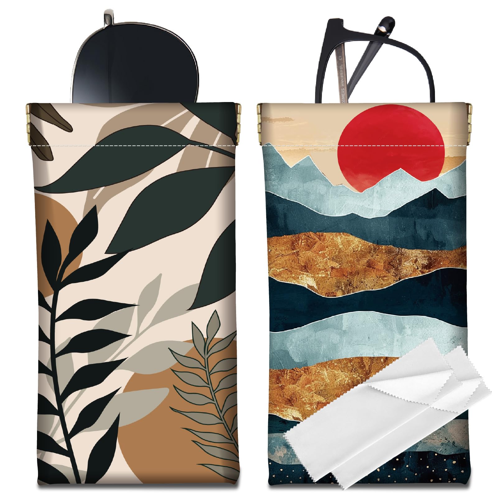 CREATCABIN 2 étui Lunettes Cuir Fin Et Portable Souple Avec Fermeture Pression Pour Lunettes Soleil Pochette Voyage Étanche Avec Chiffon Nettoyage Cadeau Pour Femmes Hommes Vacances Montagne 18x9cm