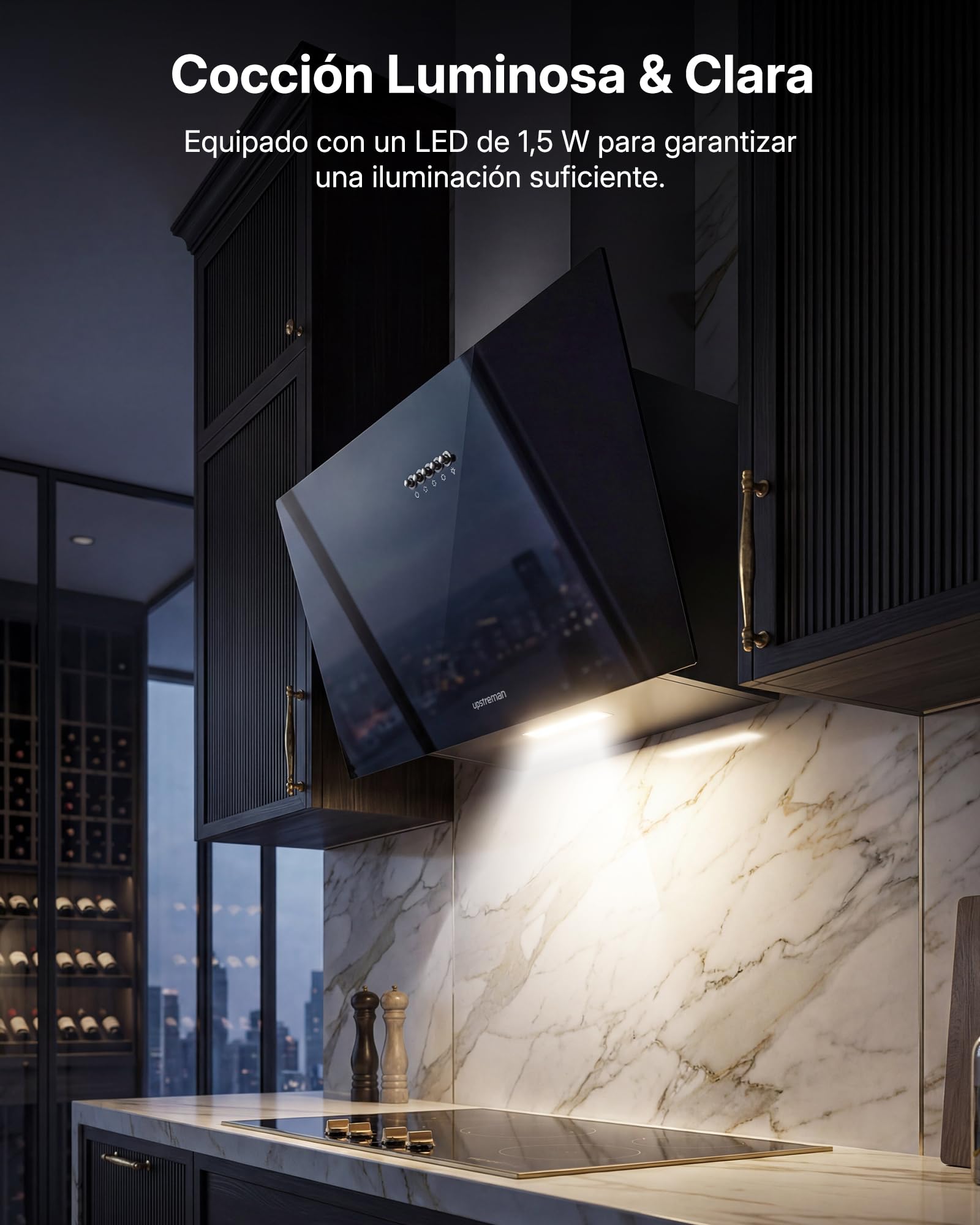 Upstreman Campana Extractora 60 cm, A+++, 56 dB, Diseño Inclinado | 3 vel (324 m³/h), bajo consumo 7 kWh, evita golpes, visión despejada, filtros carbón, LED, filtro lavable, cristal templado