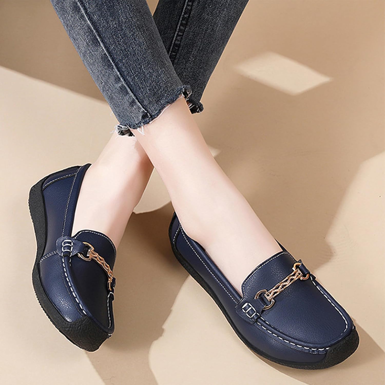 Women's Leather Moccasin Flats Loafers Comfortable Lightweight Non Slip Casual Driving Penny Shoes Daily Work Slip On Walking Shoes - Image 3