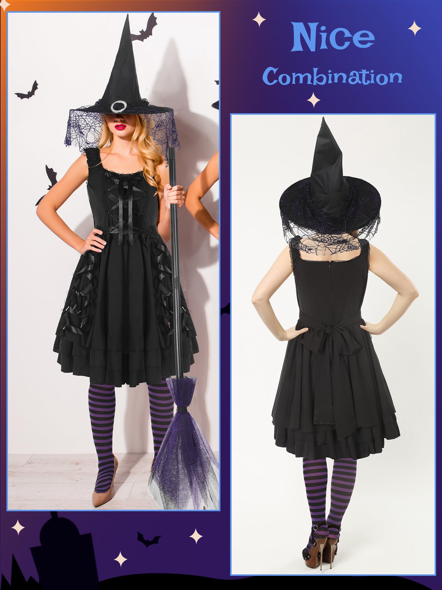 Xtinmee Women Witch Costume Set Gothic Witch Clothing Dress Hat Broom Striped Socks for Halloween Cosplay Accessories (Large)