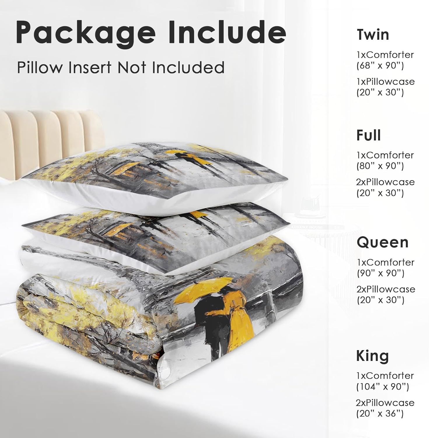 3Pcs Full Size Comforter Set, Black and White Paris Eiffel Tower, Bedding Decor Yellow Umbrellas Romantic Couple for Kids and Adults, Soft Cozy Bedroom Bed Set