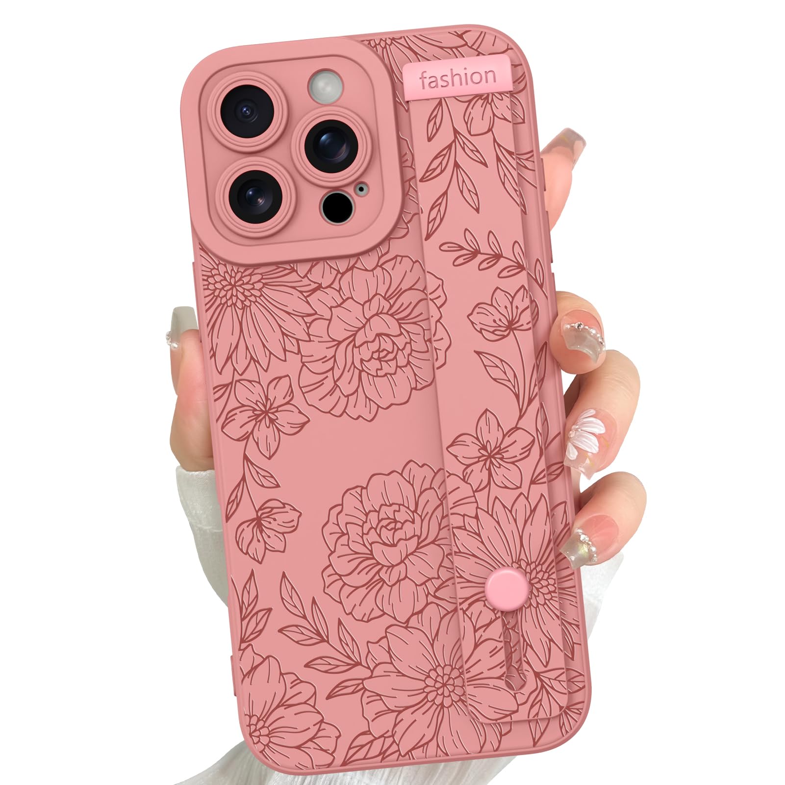 for iPhone 16 Pro Max 6.9’’ 2024 Phone case, Cute Line Peony Rose Floral Pattern Case, with Built in Adjustable Metal Wristband Grip Bracket, Soft TPU Bumper for Women Girls Case (Pink) Pink Rose Peony / Hand Strap Kickstand iPhone 16 Pro Max
