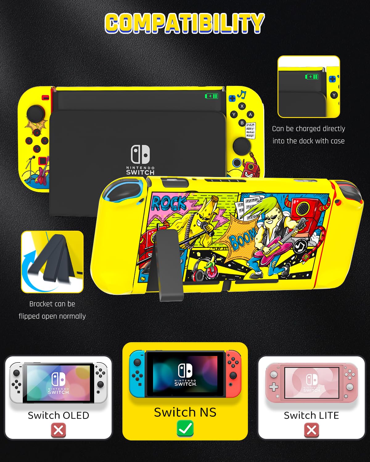 GLDRAM Custodia gialla per Nintendo Switch, set di accessori con custodia da viaggio portatile, cover protettiva in PC per console e joycon, pellicola protettiva per schermo e tappo per pollice
