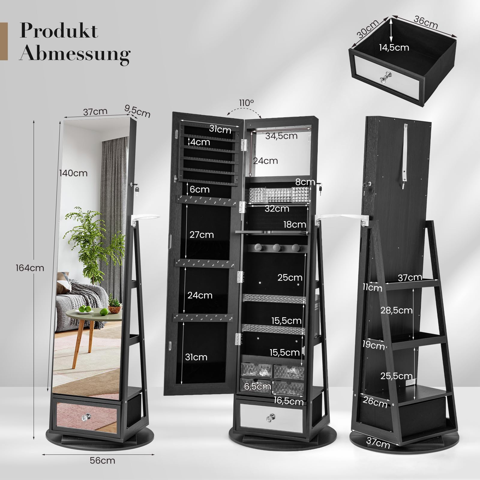 COSTWAY Schmuckschrank 360° drehbar, Spiegelschrank mit Ganzkörperspiegel, LED-Leucheten & Schublade & Haartrocknerhalter, Schmuckregal abschließbar, Standspiegel für Schmuck (Schwarz)