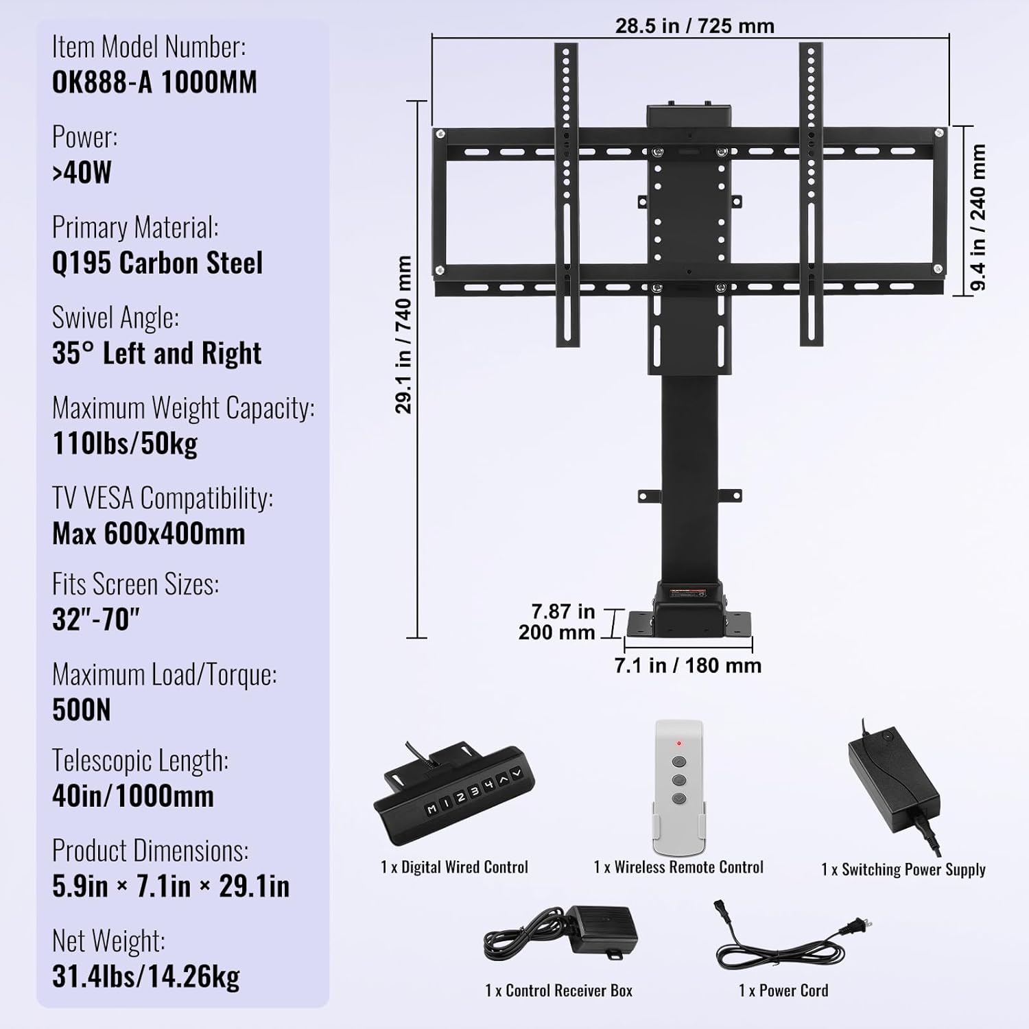 VEVOR Swivel Motorized TV Lift Stroke Length 40 Inch Motorized TV Mount Fit for 32-70 Inch TV Lift with Remote Control Height Adjustable 28.74-68.11 Inch,Load Capacity 154 Lbs,Manual Swivel L/R 30°