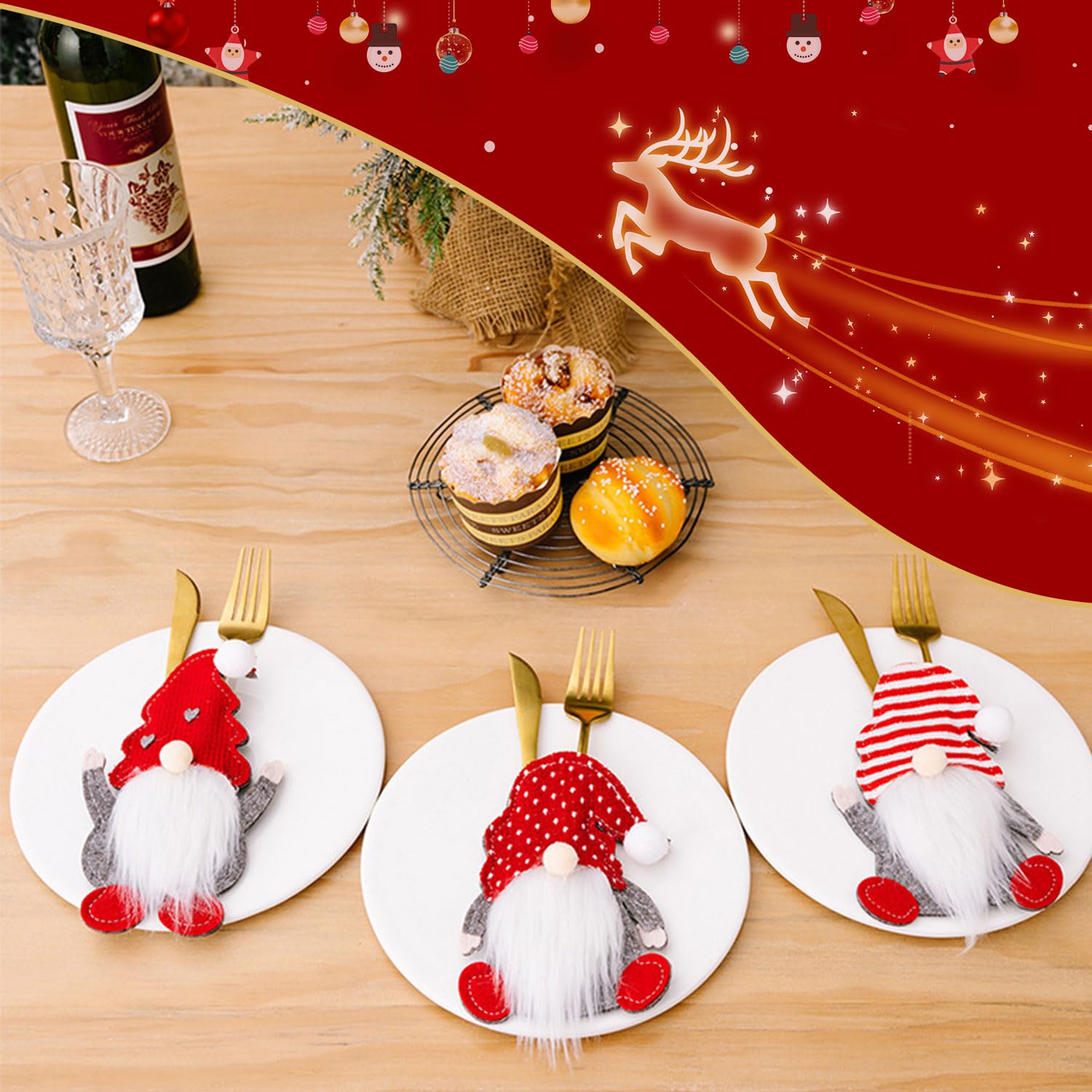 Weihnachts Besteckhalter Set 6 Stück - Serviettentaschen Mit Weihnachtsmann Motiv Für Festliche Tischdeko