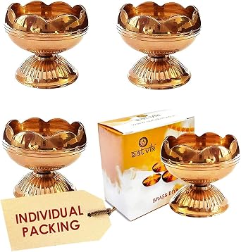 SATVIK Brass Diya Set of 4 | Traditional Oil Lamp for Hindu Puja, Pooja Room, Mandir & Temple | Handmade Virgin Brass for Daily Prayer, Dia Vilakku, Spiritual Home Decor & Housewarming Gifts