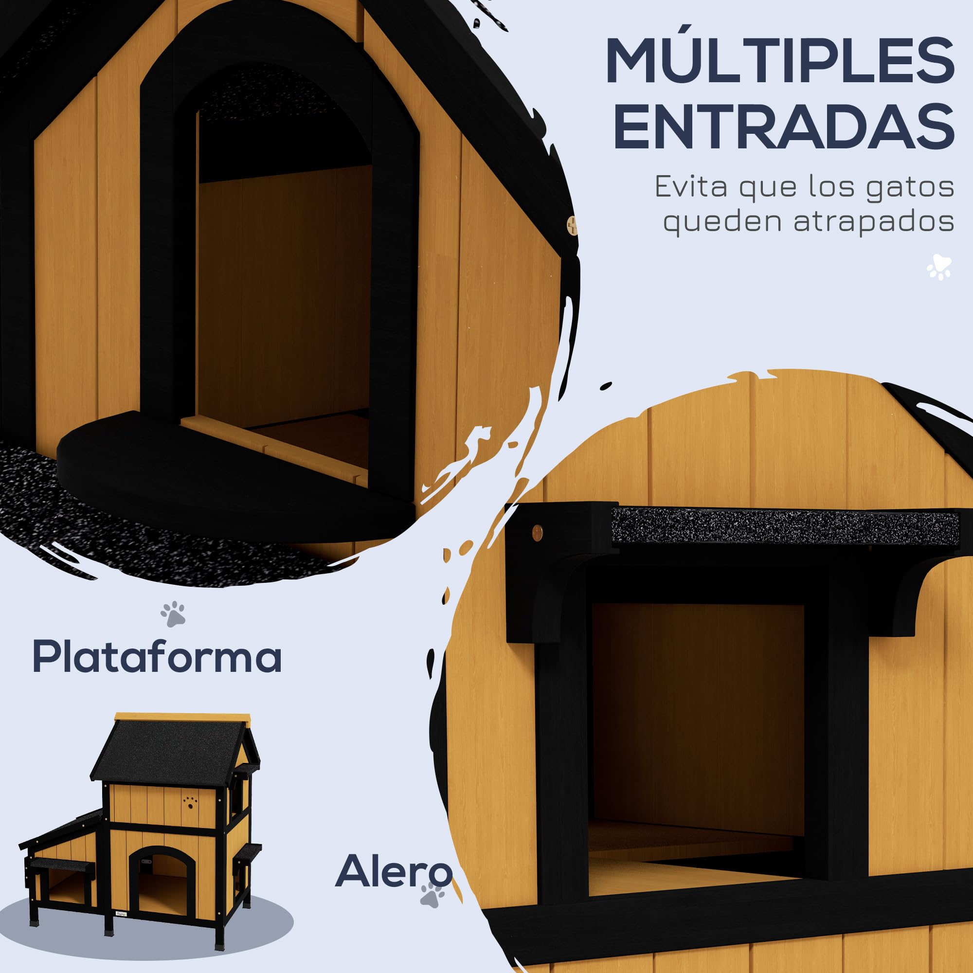 PawHut Casa para Gatos de Madera con Macetero 2 Niveles 96x65x85,5 cm Techo Asfáltico Ventana Múltiples Entradas Interior Exterior