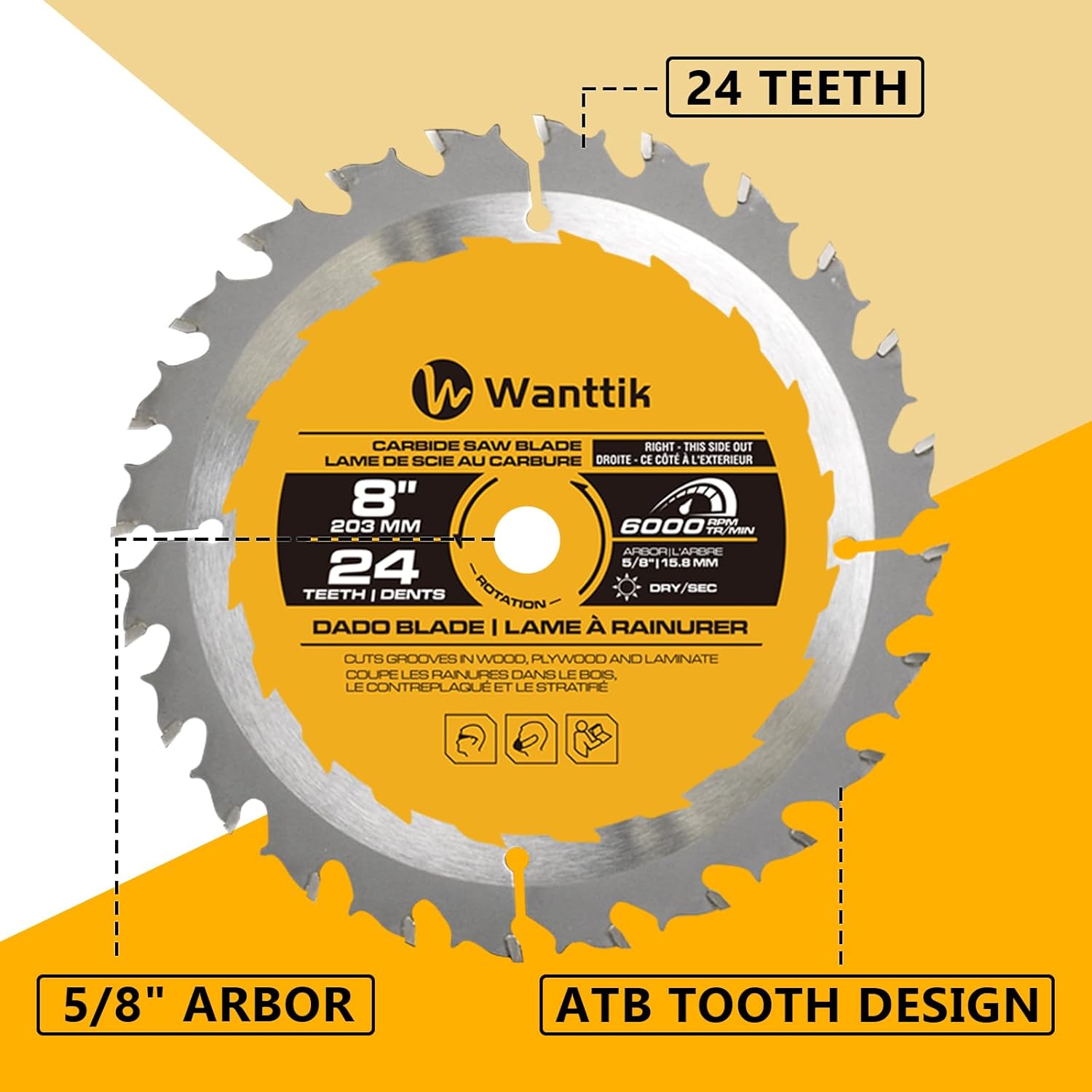 Dado Blade Set, 8 Inch Stacking Dado Blade, 24-Tooth with 5/8-Inch Bore - 23 Pieces for Cutting Various Wood, Plastic and Composite Materials