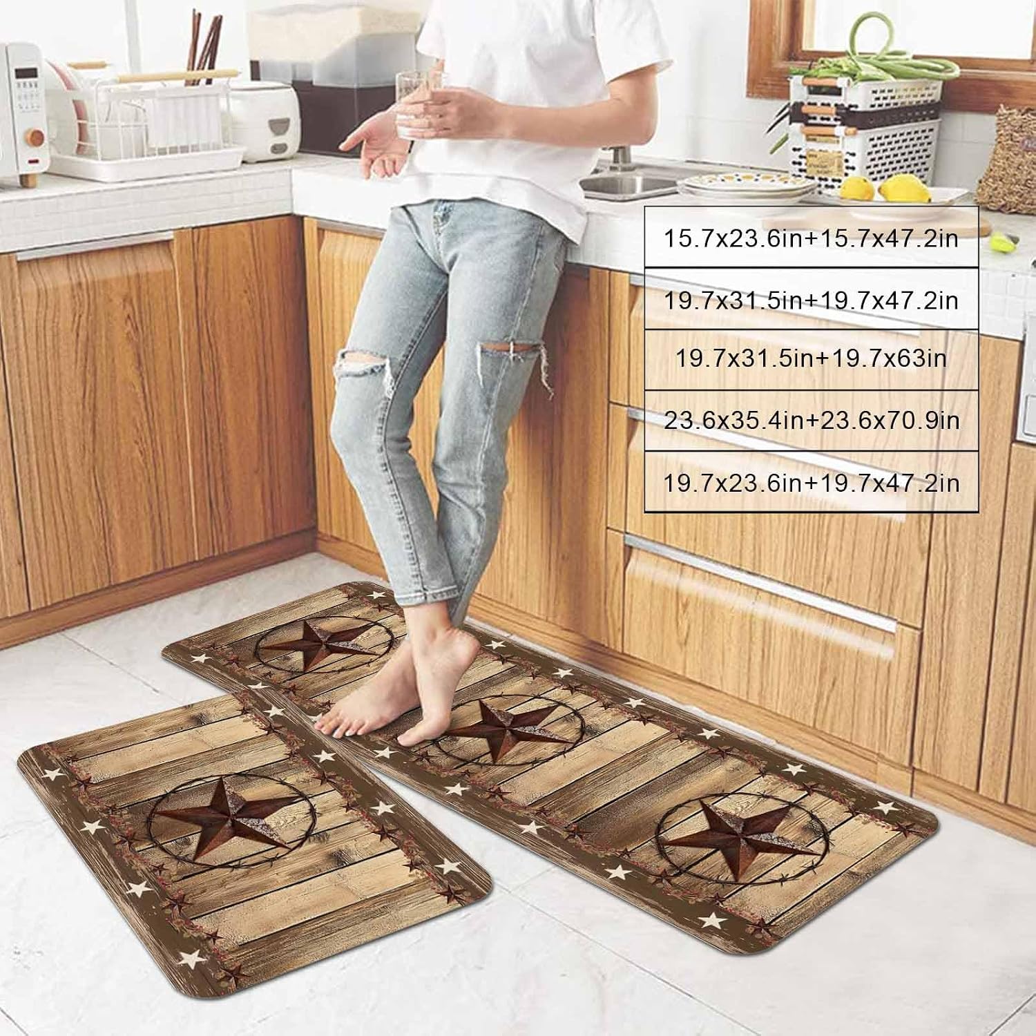 Prime Leader Vintage Kitchen Mat Set 2 Pieces Western Country Brown Texas Star Wood Grain Farmhouse Non Slip Kitchen Rugs Washable Runner Rug Mats for Sink Laundry (19.7" x 31.5"+19.7" x 63")
